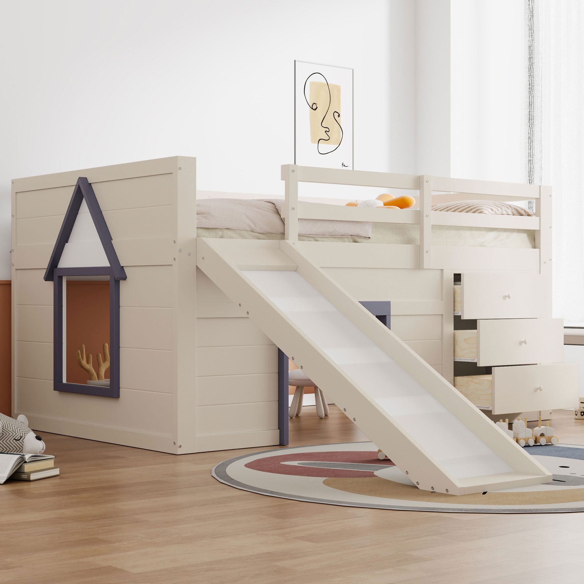 Flieks Hochbett Hausform Kinderbett 140x200cm mit 3 Schubladen, Leiter und günstig online kaufen