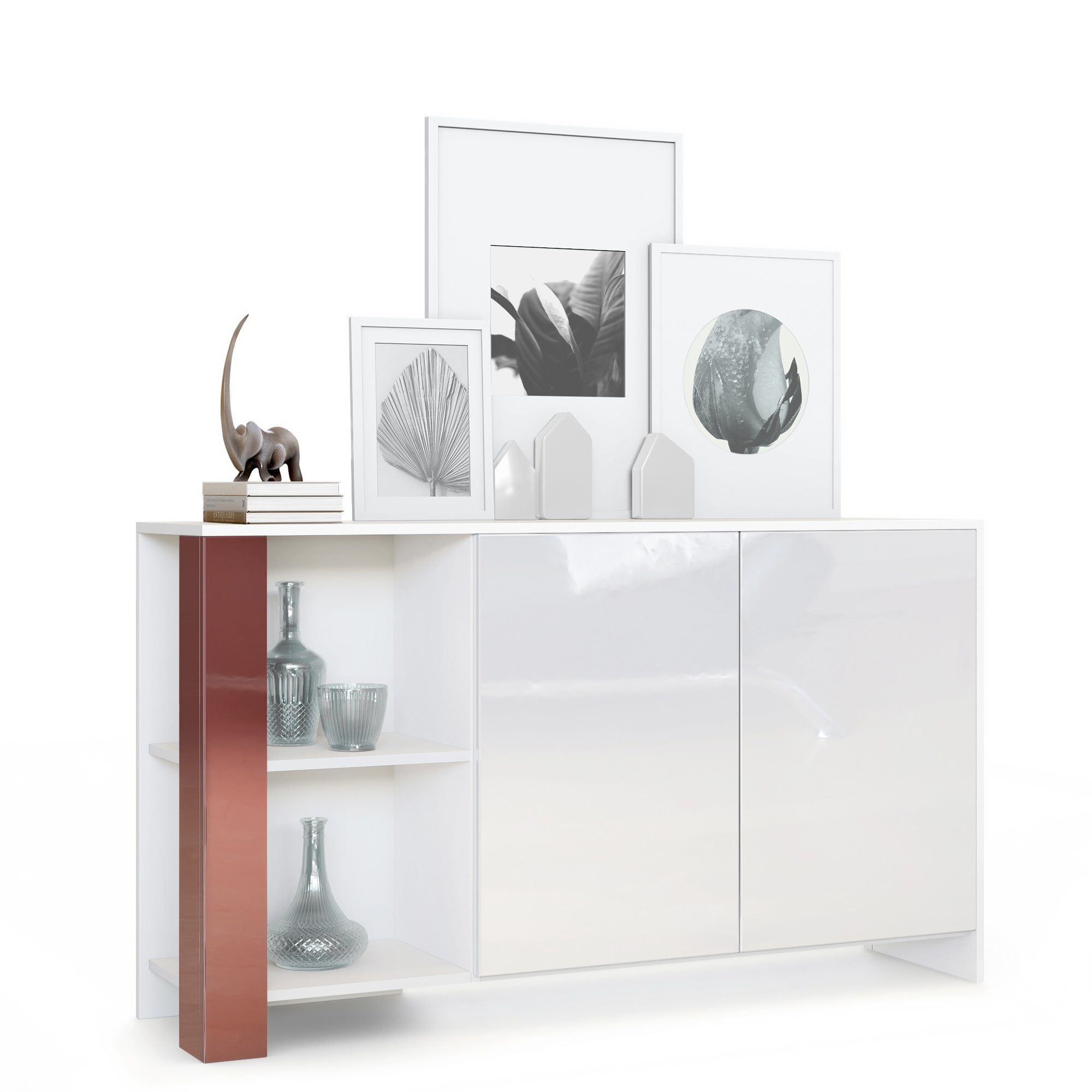 Vladon Sideboard Canto (Sideboard, mit 2 Türen und 6 Fächern), Weiß matt, Weiß Hochglanz, Bordeaux Hochglanz