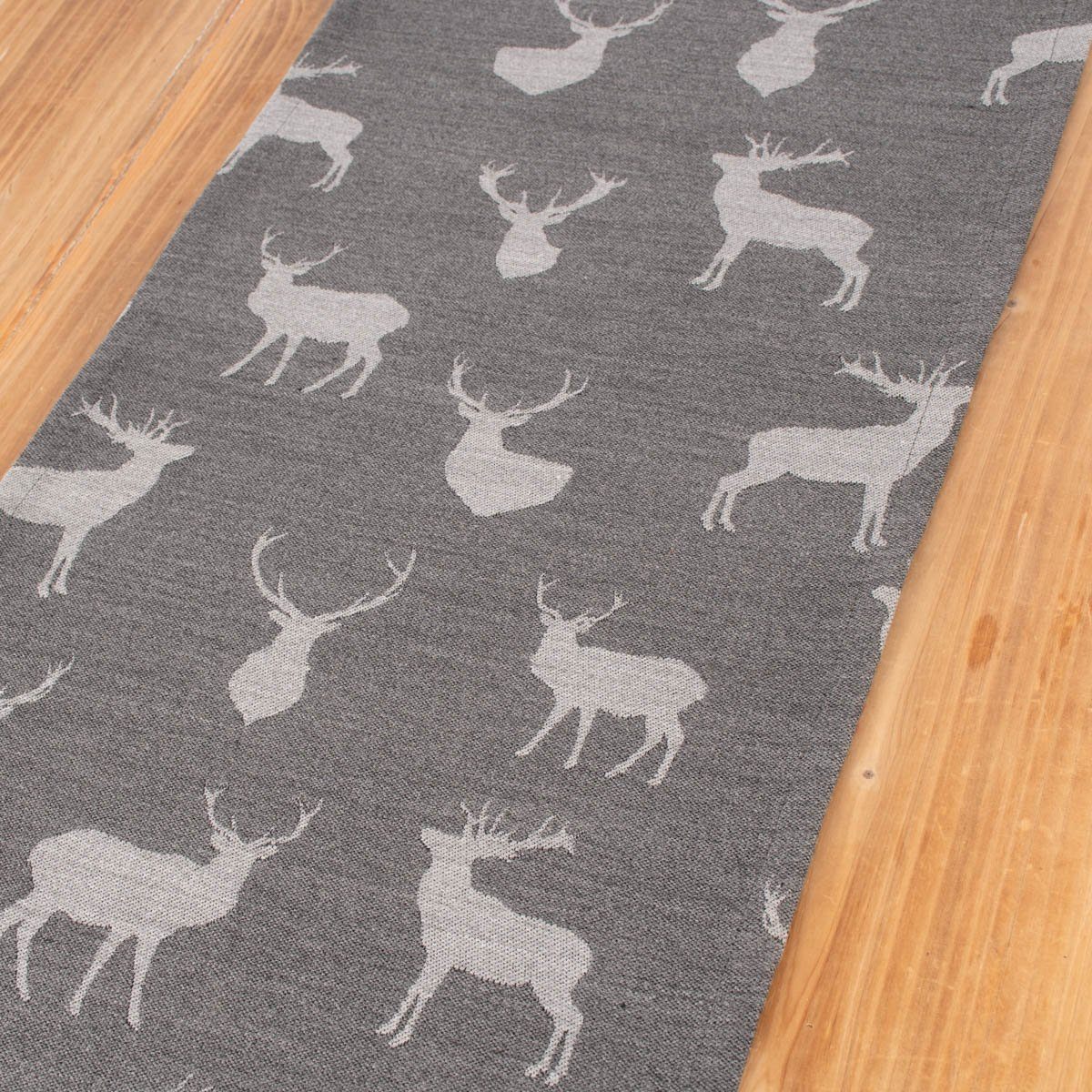 SCHÖNER LEBEN. Tischläufer Jacquard Cosy Hirschen dunkelgrau grau, handmade