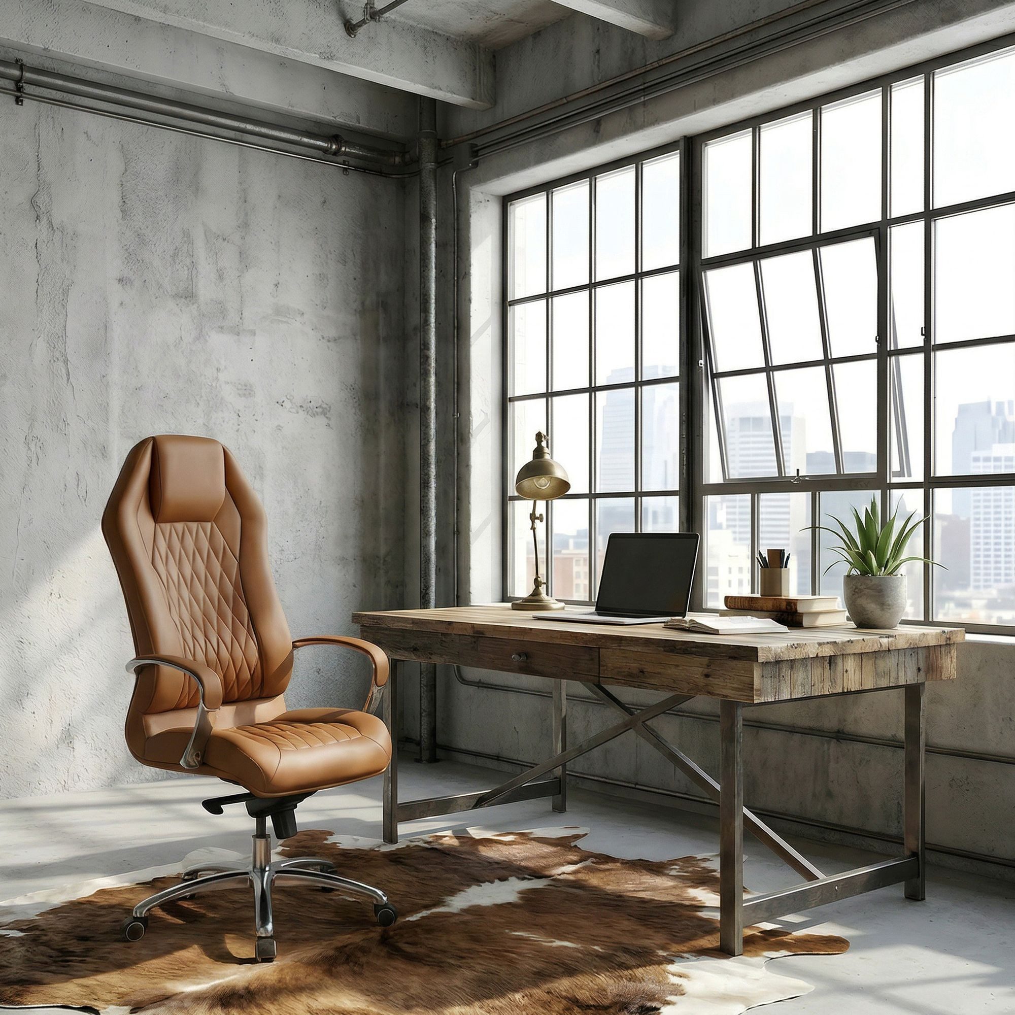 FINEBUY Chefsessel Bürostuhl MONTEREY Echtleder Schreibtischstuhl Drehstuhl (Bürostuhl MONTEREY Echtleder Caramel 120KG), Schreibtischstuhl Hohe Rückenlehne mit Kopfstütze