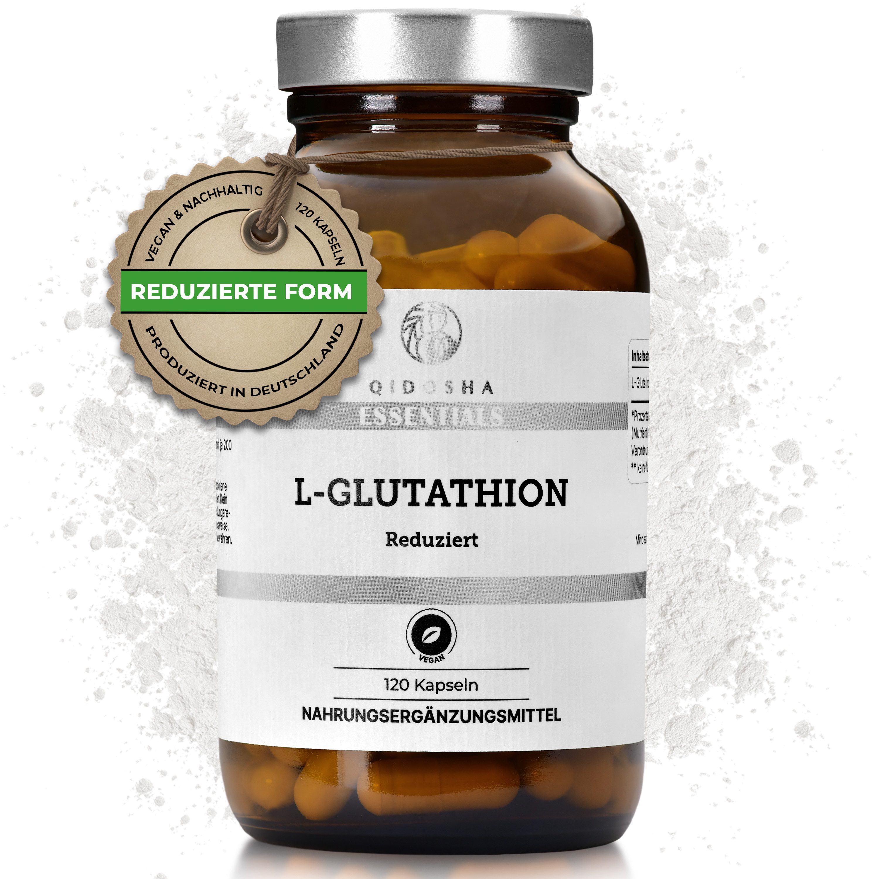 QIDOSHA L-Glutathion Kapseln, 500mg je Kapsel, TESTSIEGER 01/2024*, 120 Stk im Apothekerglas, L-Glutathion Kapseln hochdosiert, natürlich aus Fermentation à 120 St., 74.4 g, Laboren geprüft & Made in Germany