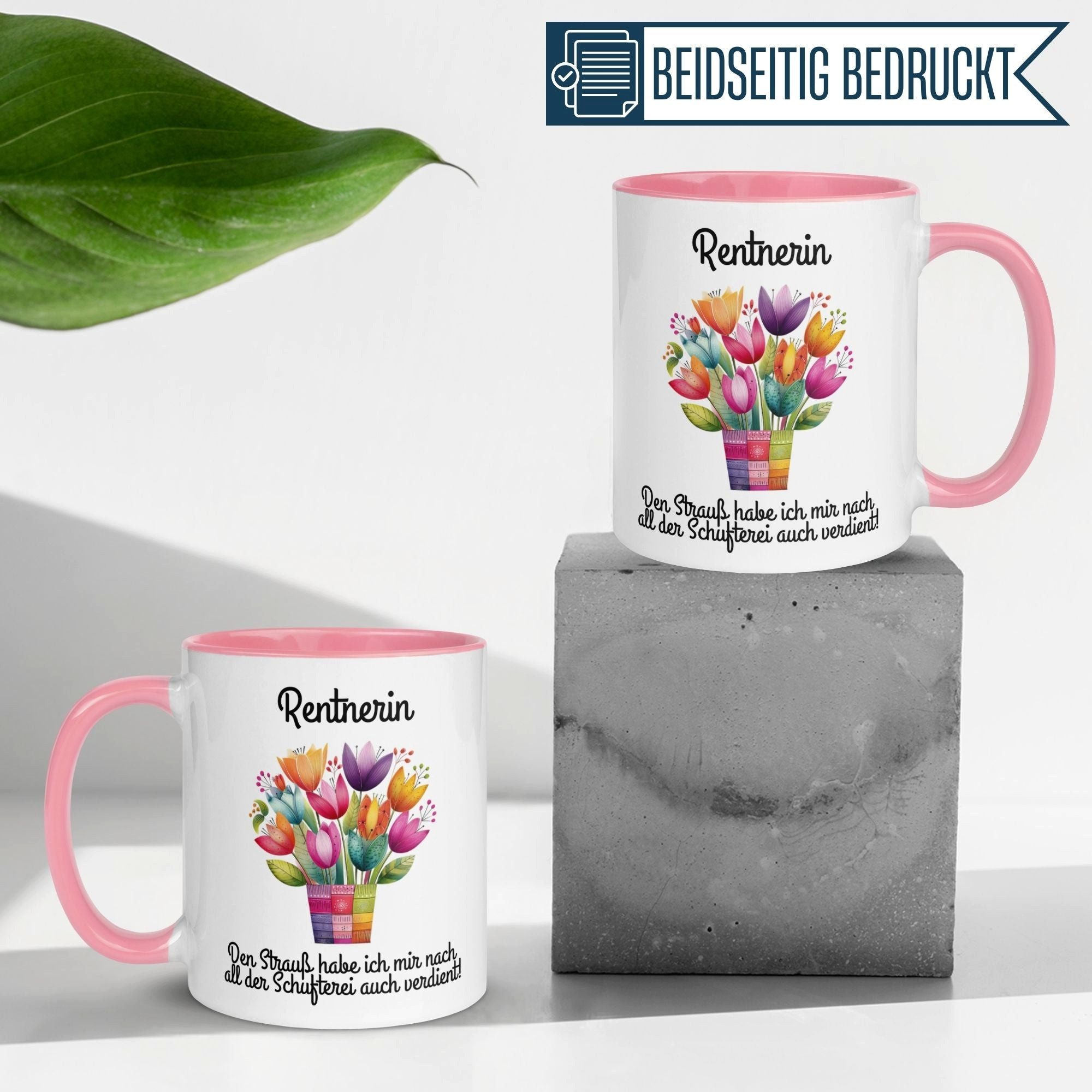 Momentals Tasse Rente Frau – „Den Strauß habe ich mir verdient“ – Geschenk Ruhestand, Gratis Versand · Links-&Rechtshänder · Spülmaschinenfest