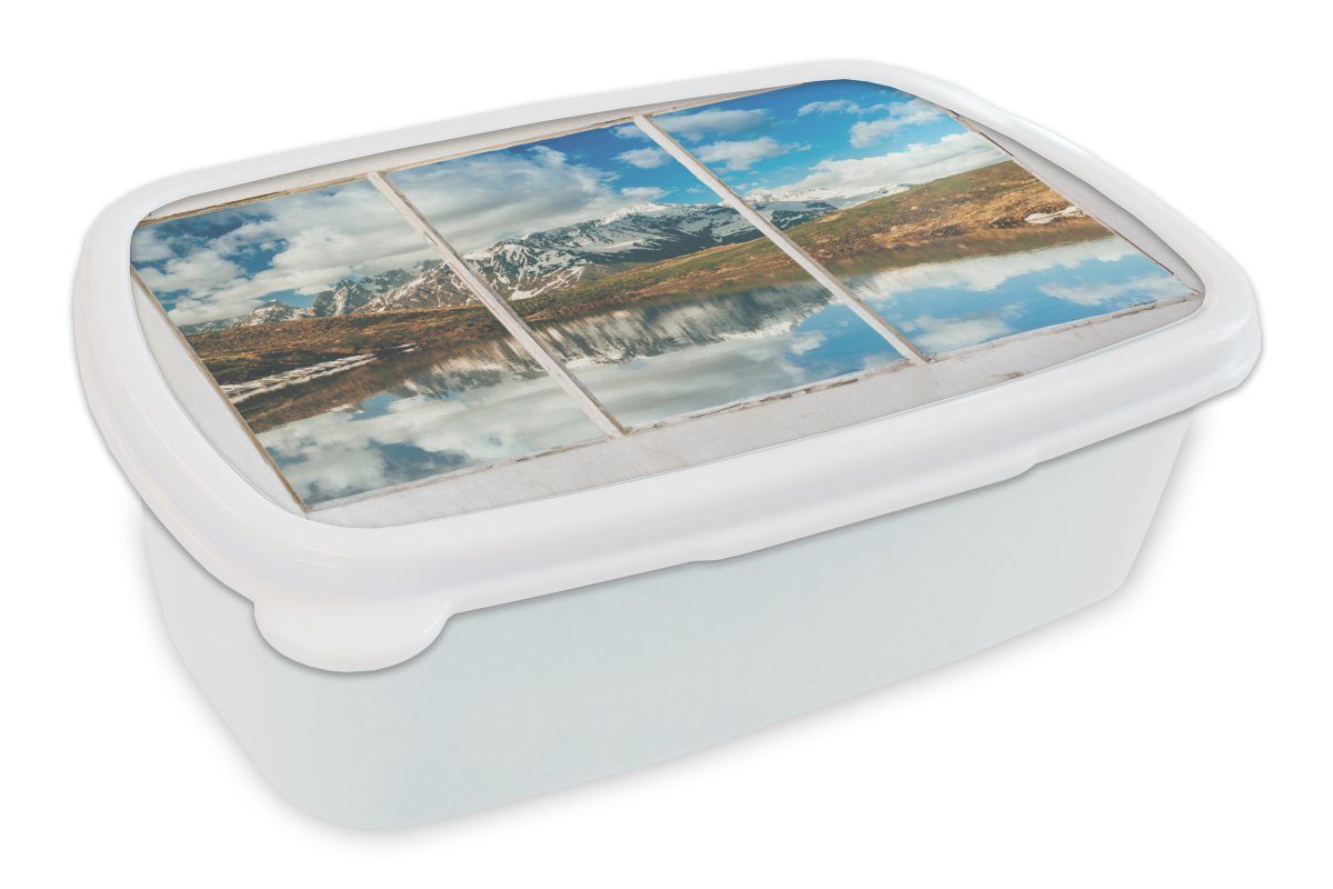 MuchoWow Lunchbox Aussicht - Berge - Wasser, Kunststoff, (2-tlg), Brotbox für Kinder und Erwachsene, Brotdose, für Jungs und Mädchen weiß