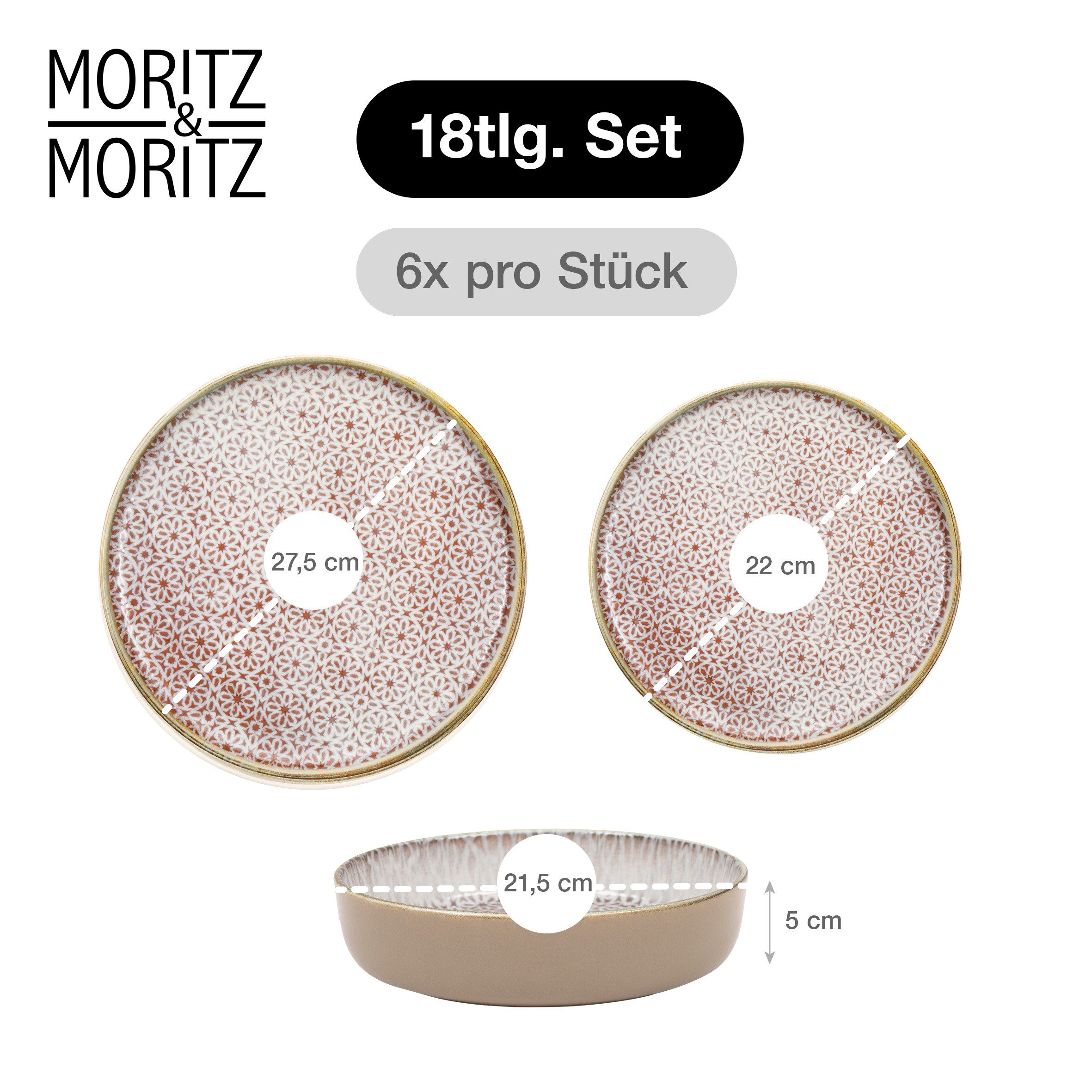 Moritz & Moritz Kombiservice ALHAMBRA Geschirrset Mousse (18-tlg), 6 Personen, Porzellan, Spülmaschinengeeignet & Mikrowellensicher