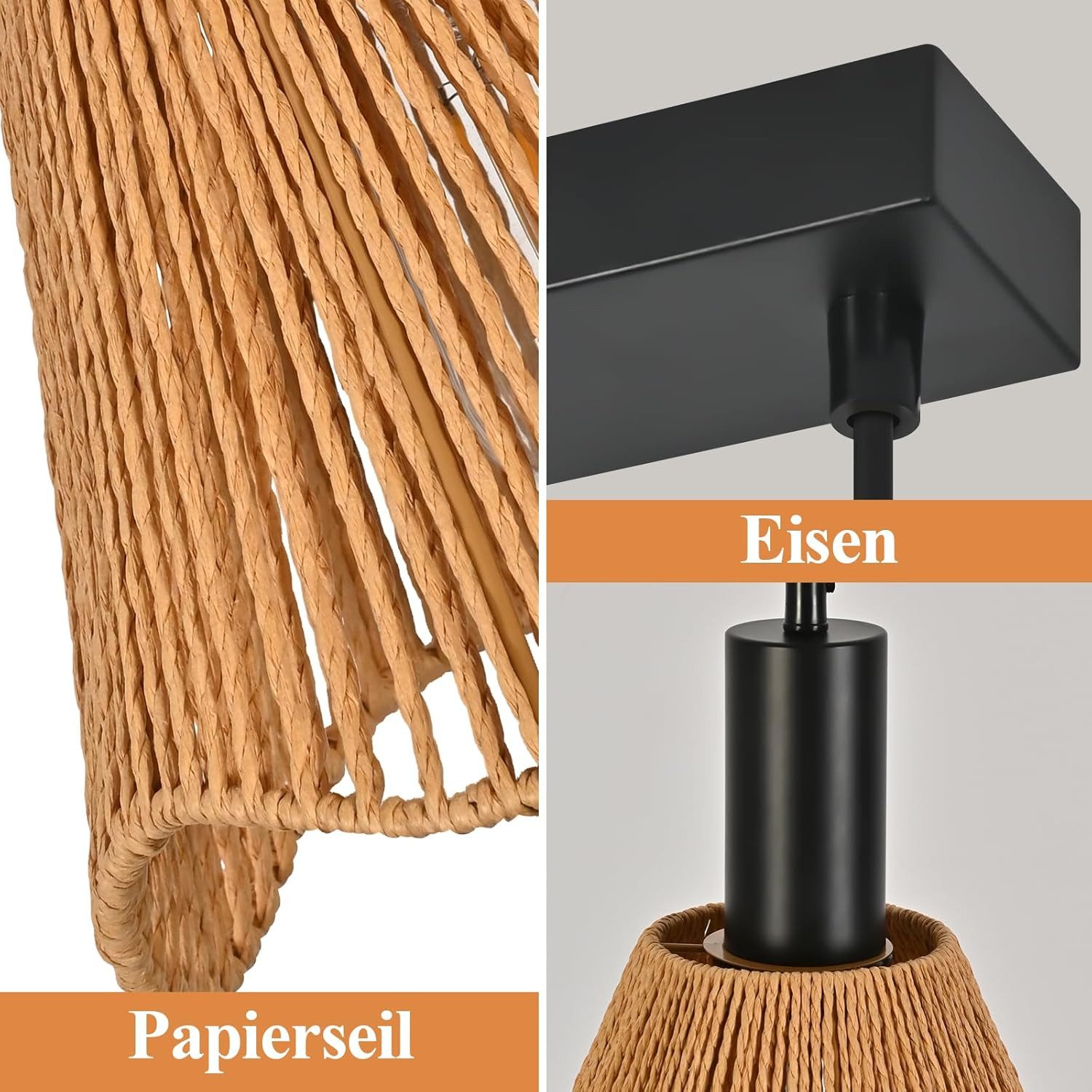 Nettlife Pendelleuchte Schwarz Papier Retro Boho Hängelampe mit 1/3 flammige E27 Fassung, Höhenverstellbar, ohne Leuchtmittel, ob Schlafzimmer Flur Esszimmer Da – Bild 4 von 5