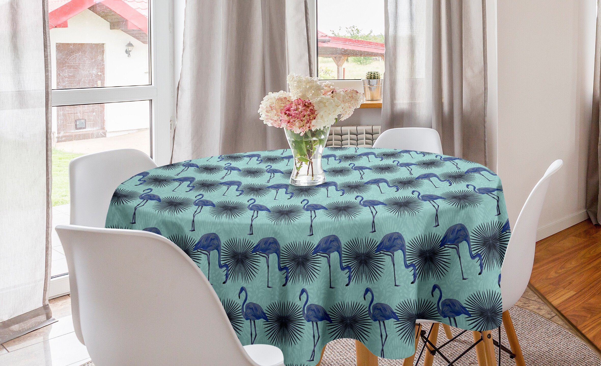 Abakuhaus Tischdecke Kreis Tischdecke Abdeckung für Esszimmer Küche Dekoration, Flamingo Insel Tiere und Pflanzen