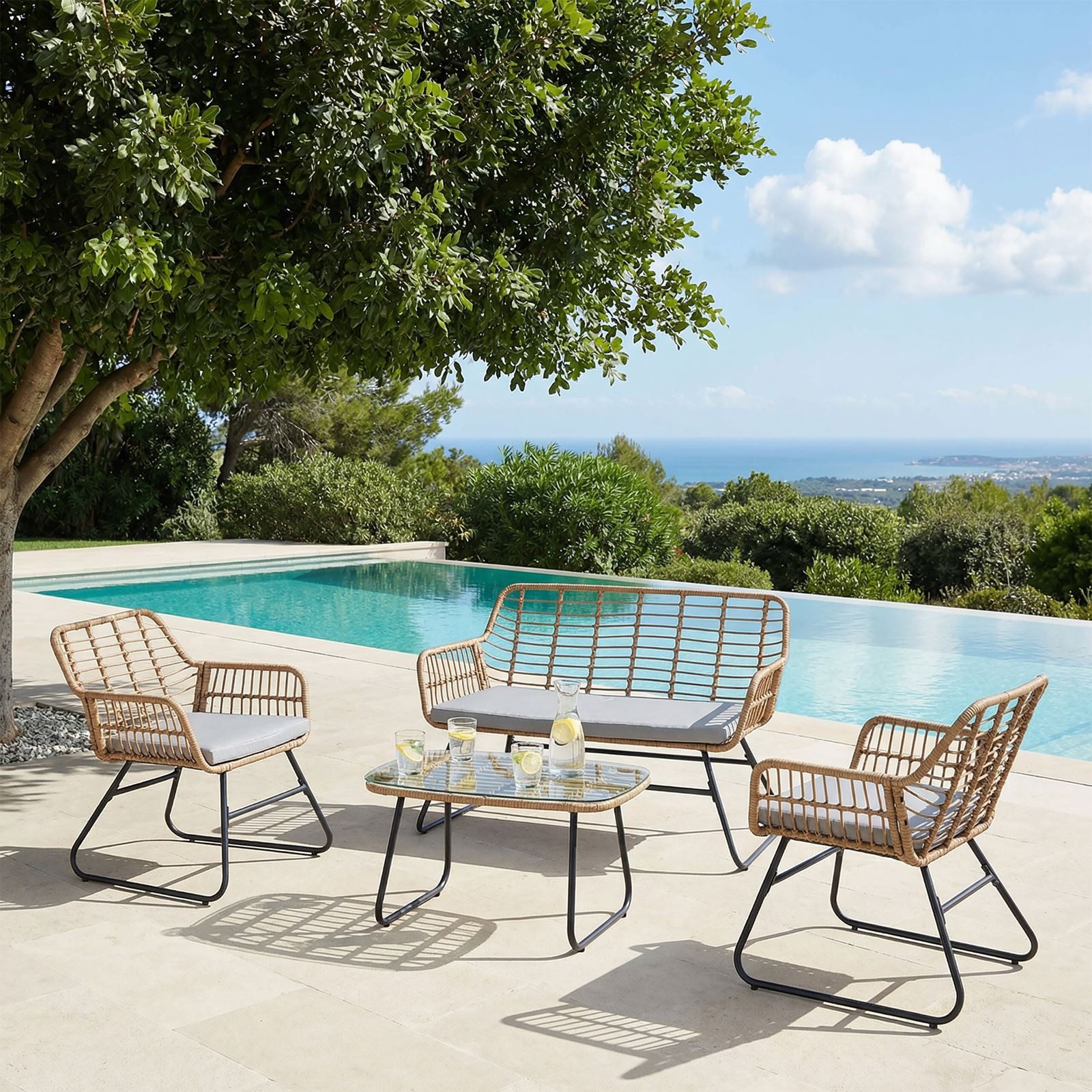 IDIMEX Gartenlounge-Set RIVIERA, Outdoor Lounge Set mit Zweisitzer, 2 Sesseln und Beistelltisch braun