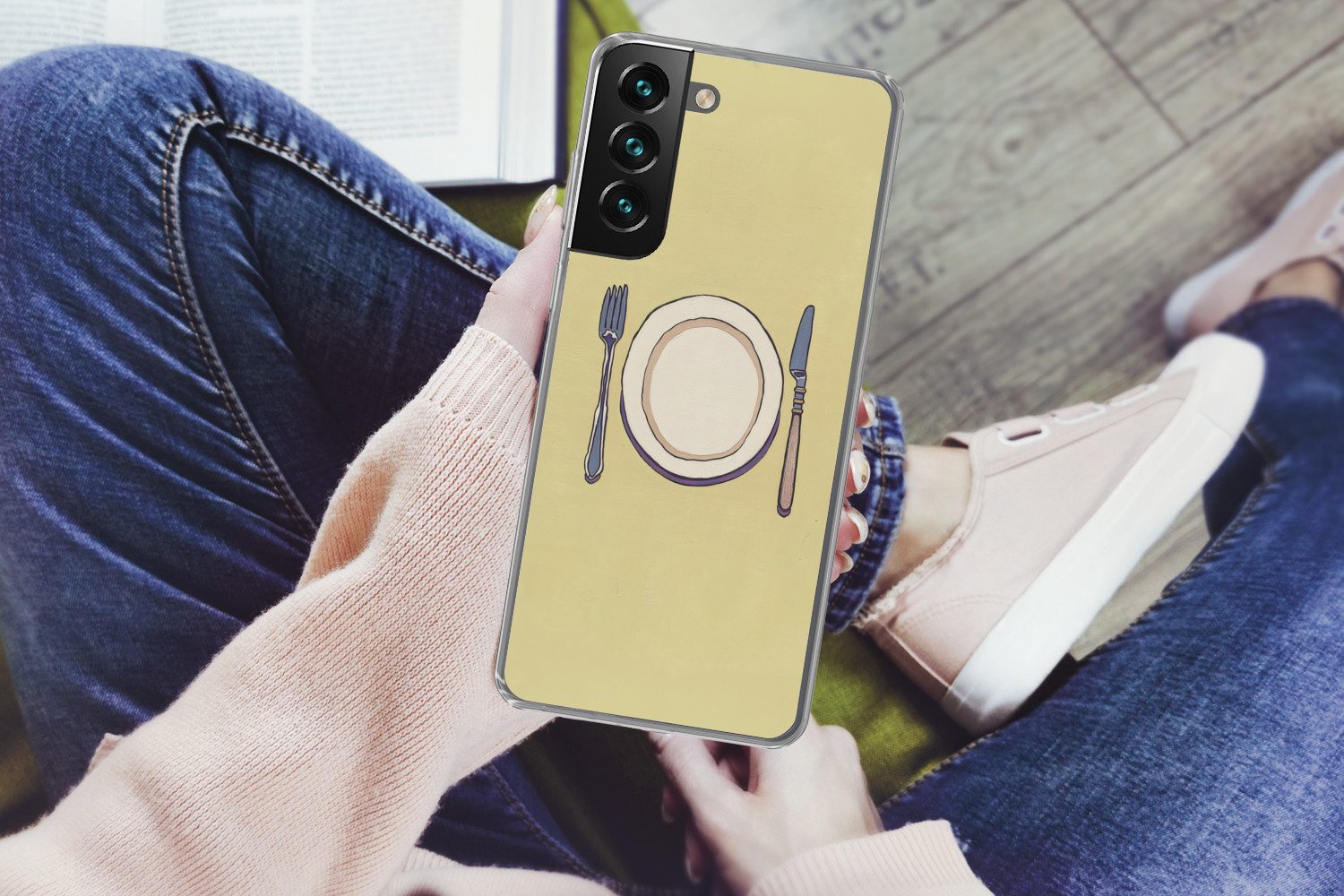 MuchoWow Handyhülle für Samsung Galaxy S22 Illustration - Teller - Besteck - Beige, Phone Case, Silikon, Schutzhülle Dünn