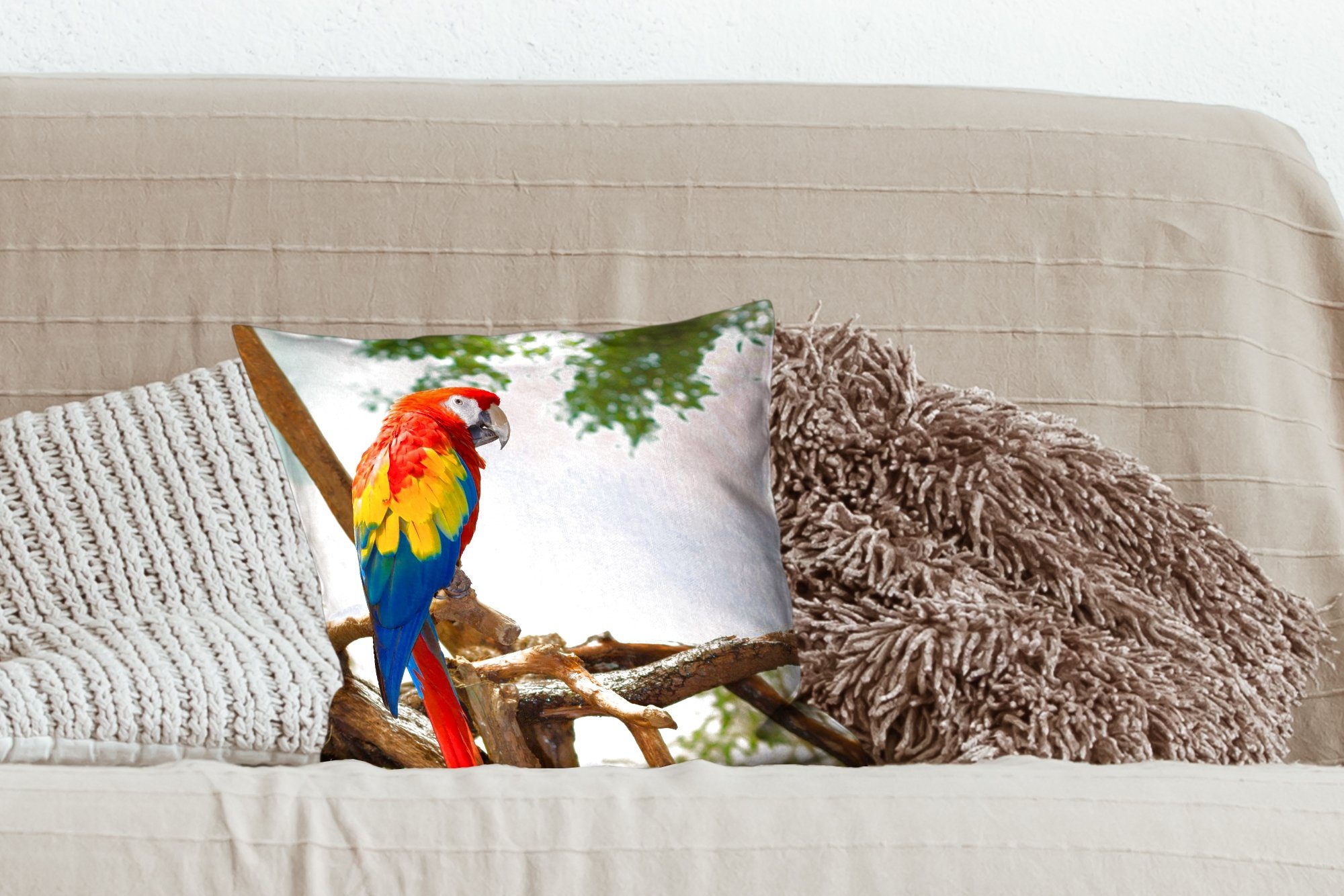Regenbogen mit Zierkissen Wohzimmer, MuchoWow Vogel Tropisch, Dekokissen - Schlafzimmer, für - - Papagei Deko, Sofakissen Füllung