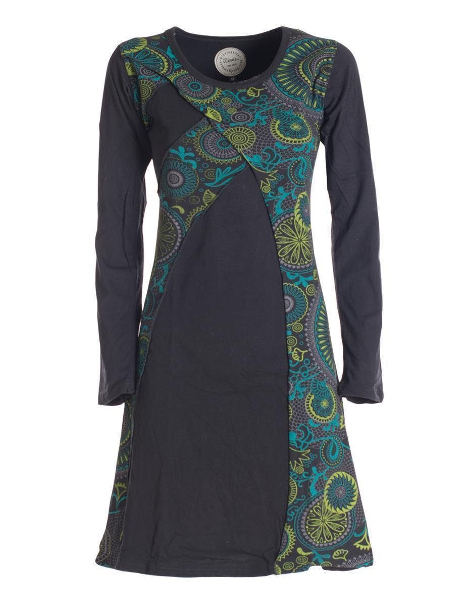 Vishes Blumenkleid Kleid Damen Ethno, Rundhals Elfen Jerseykleid Style Baumwollkleid Langarm Hippie, Mandala schwarz