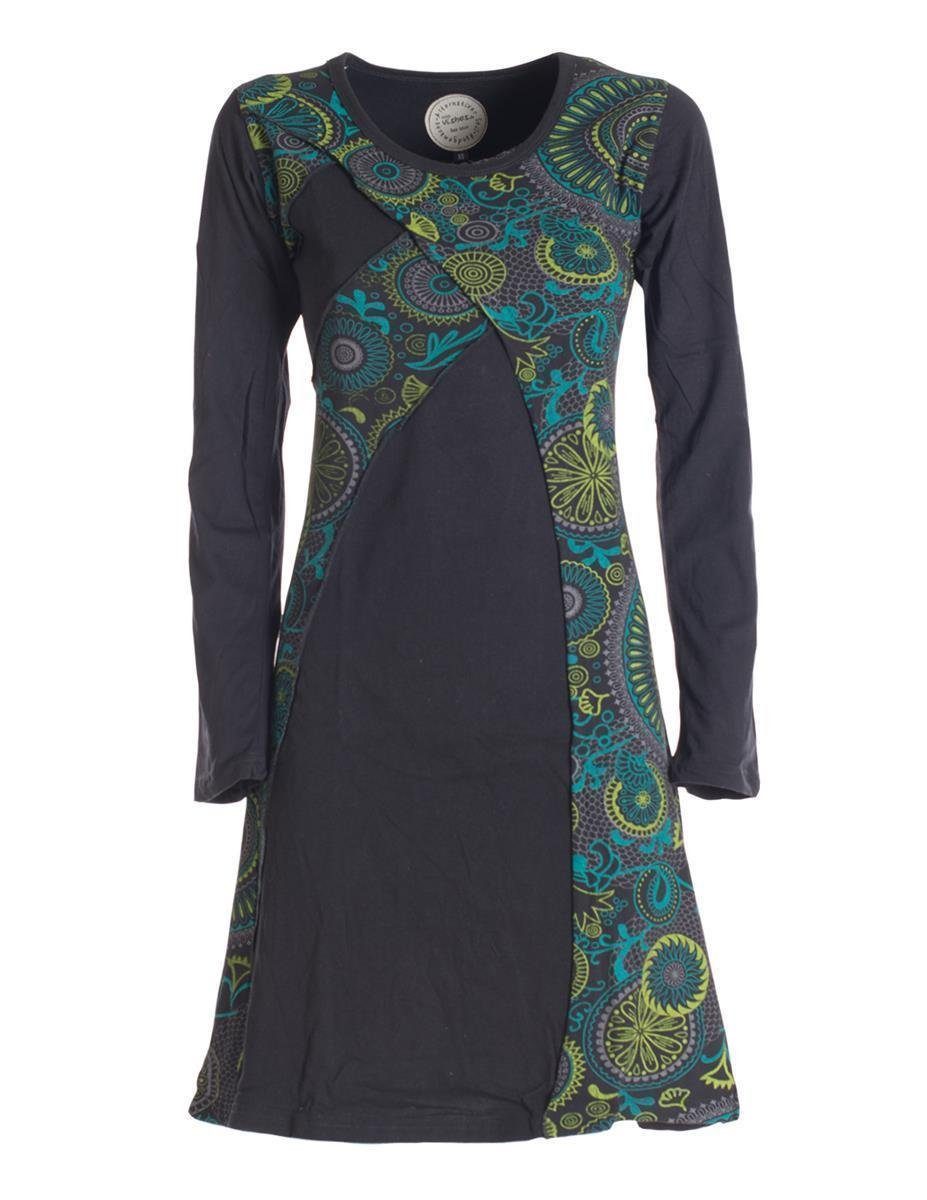 Jerseykleid Damen Mandala Kleid Blumenkleid Langarm Rundhals Baumwollkleid