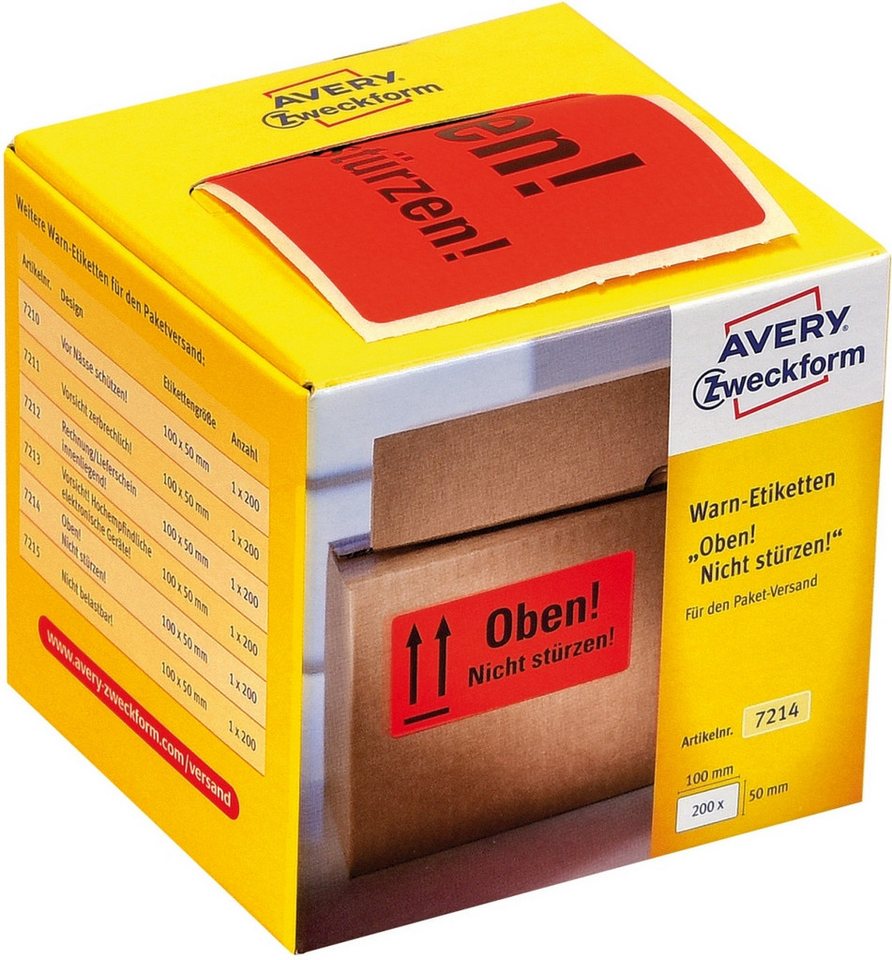 Thumbnail - Avery Zweckform Etiketten Warnetiketten Oben! Nicht stürzen! 100x50mm neon rot VE=200 Stück.