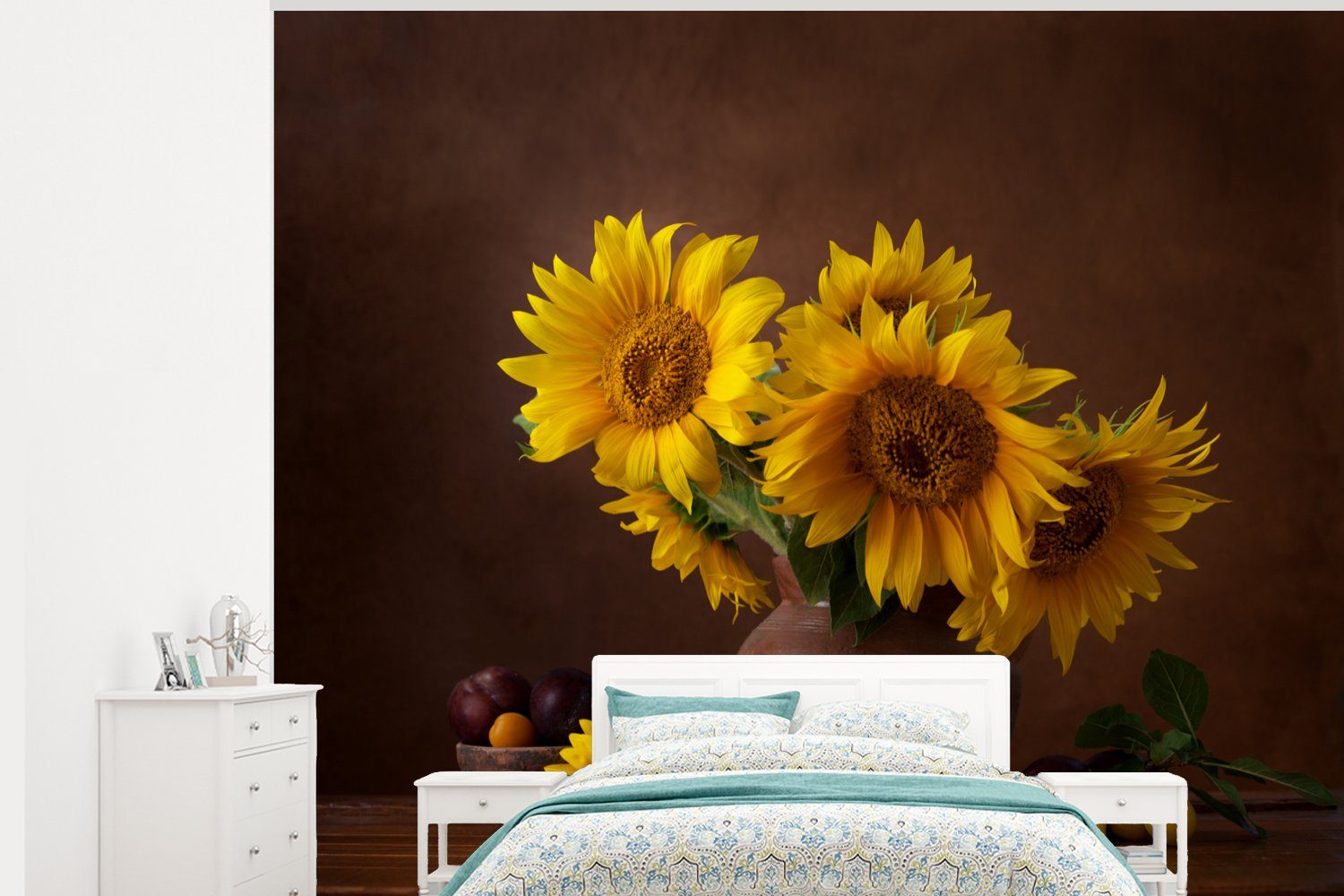 MuchoWow Fototapete Sonnenblumen - Vase - Stilleben, Matt, bedruckt, (5 St), Montagefertig Vinyl Tapete für Wohnzimmer, Wandtapete