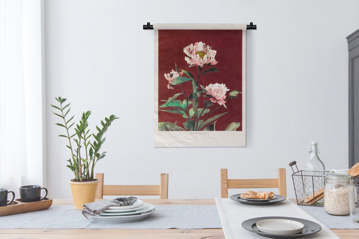 Tapisserie, - Farben Wand, an Wohnzimmer, der - - Vintage, Rot Wanddekoobjekt Schlafzimmer MuchoWow - Blumen Pflanzen für Deko