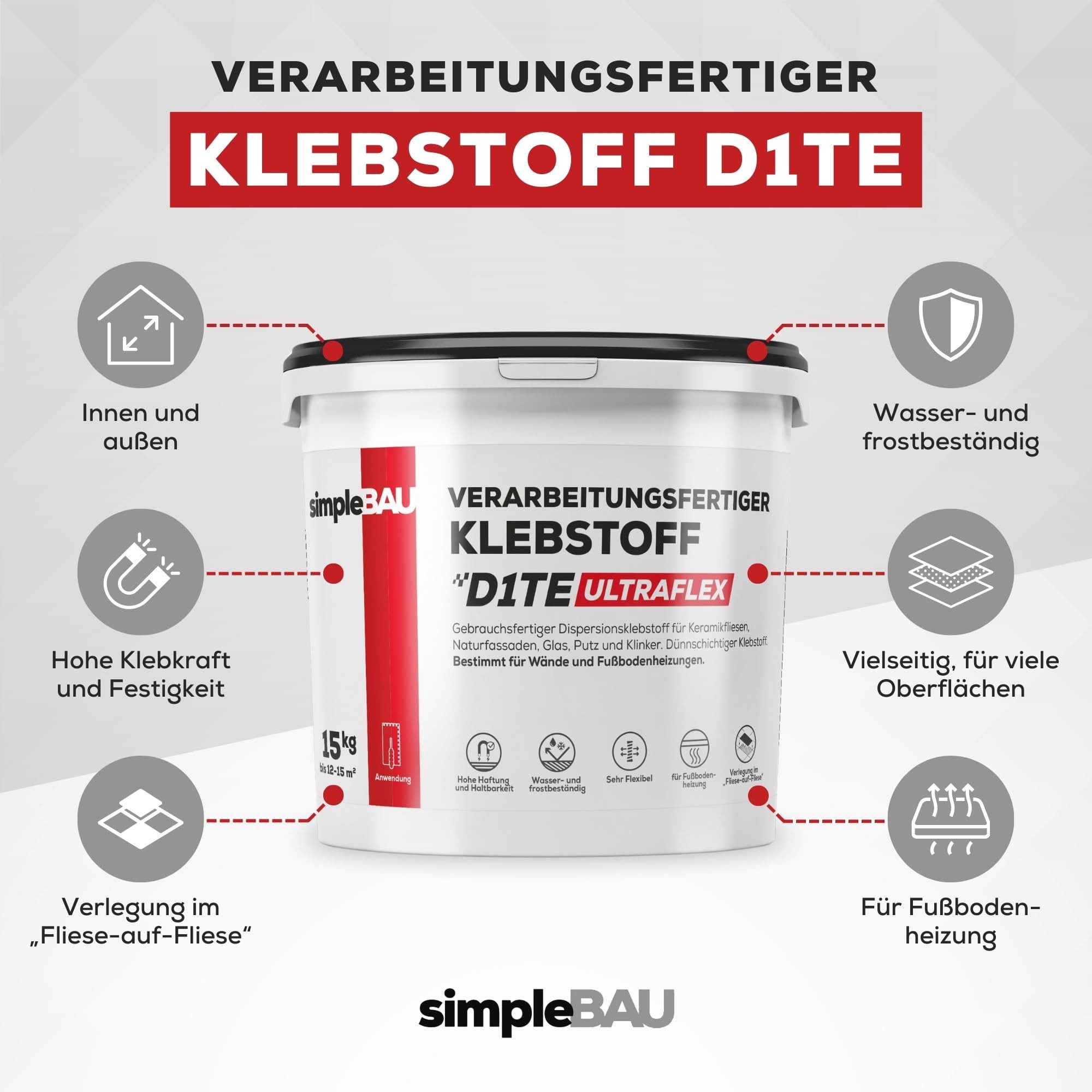 simpleBAU Dichtstoff Klebstoff D1TE ULTRAFLEX 1,5kg – Gebrauchsfertiger Fliesenkleber