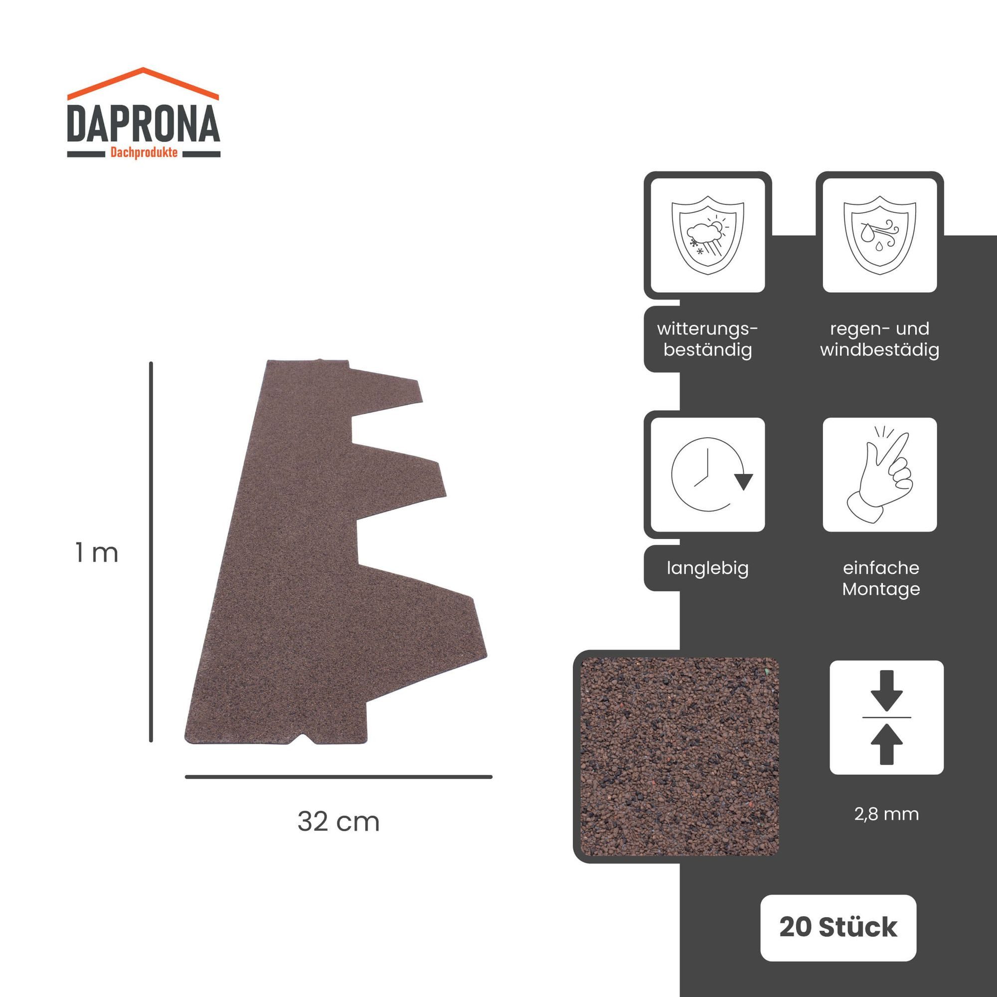 DAPRONA Dachschindeln Dachschindeln, Hexagonal Muster 1m x 32cm, Braun, (20-St), Bitumenschindeldach für Gartenhaus, Carport