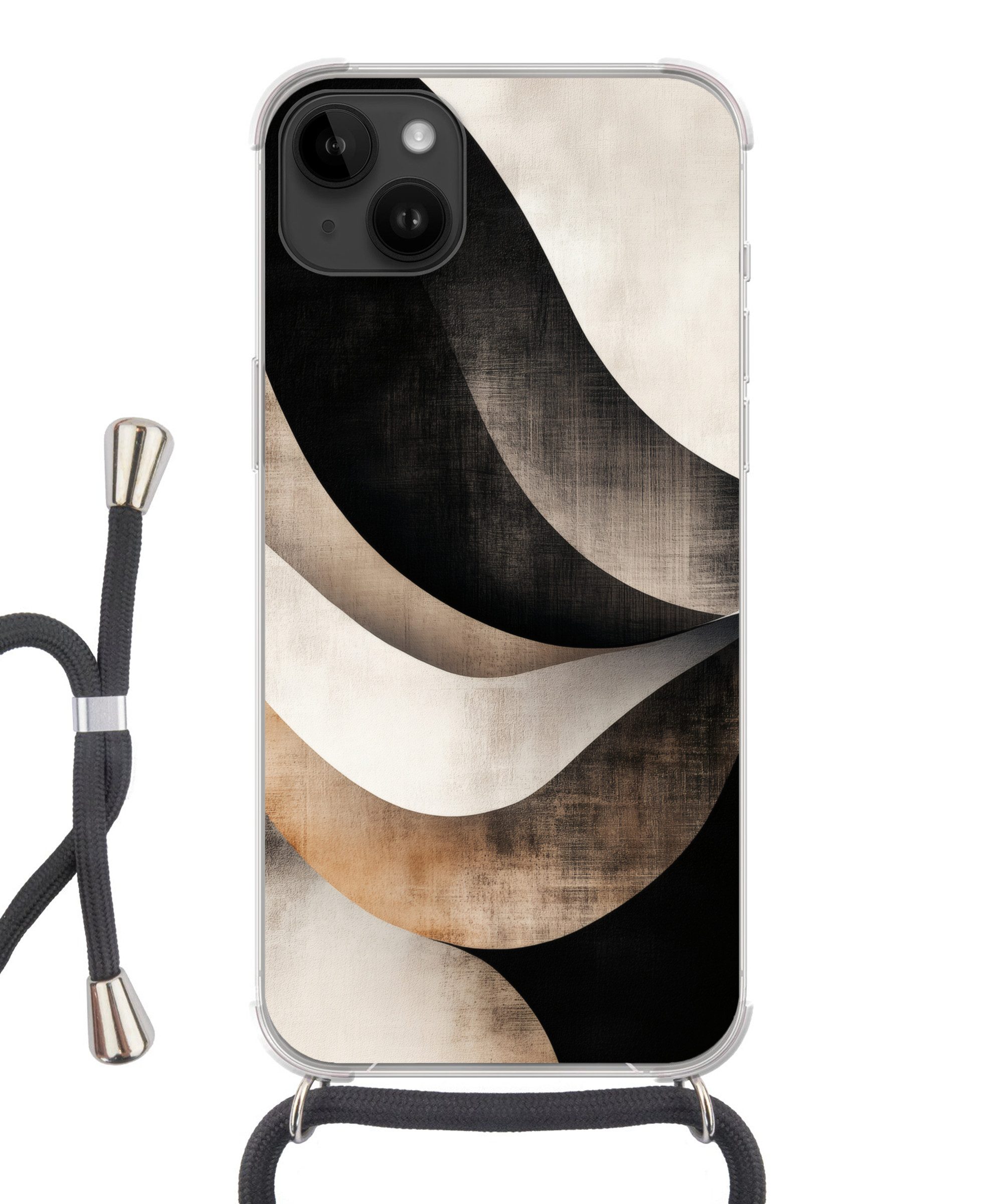 MuchoWow Handyhülle für Apple iPhone 14 Max Abstrakt - Wellen - Schwarz - Verwittert, Tragbare Handyhüllen mit Kette zum umhängen, Handykette Handyband