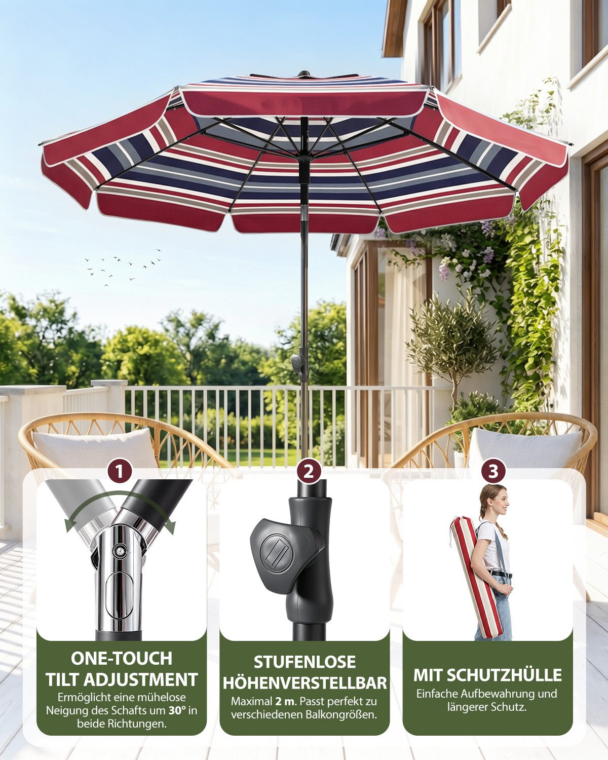 SUNULA Sonnenschirm 180 cm Balkon Balkonschirm mit Schutzhülle Gartenschirm mit Knickbar, Gartenschirm Höhenverstellbarem, UPF 50+ UV-Schutz