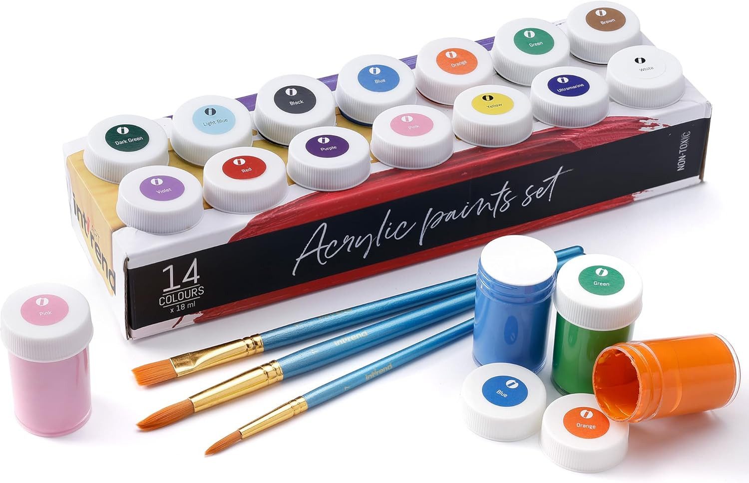int!rend Aquarellfarbe int!rend Acrylfarben Set 14 x 18 ml mit Pinseln, wetterfest