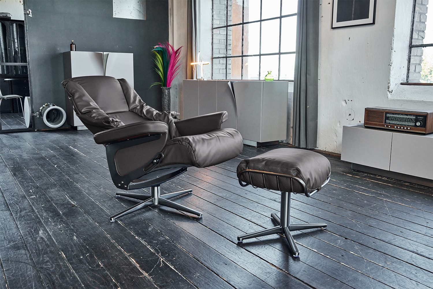 KAWOLA Drehsessel MODO, Relaxsessel Leder mit Hocker verschiedene Farben