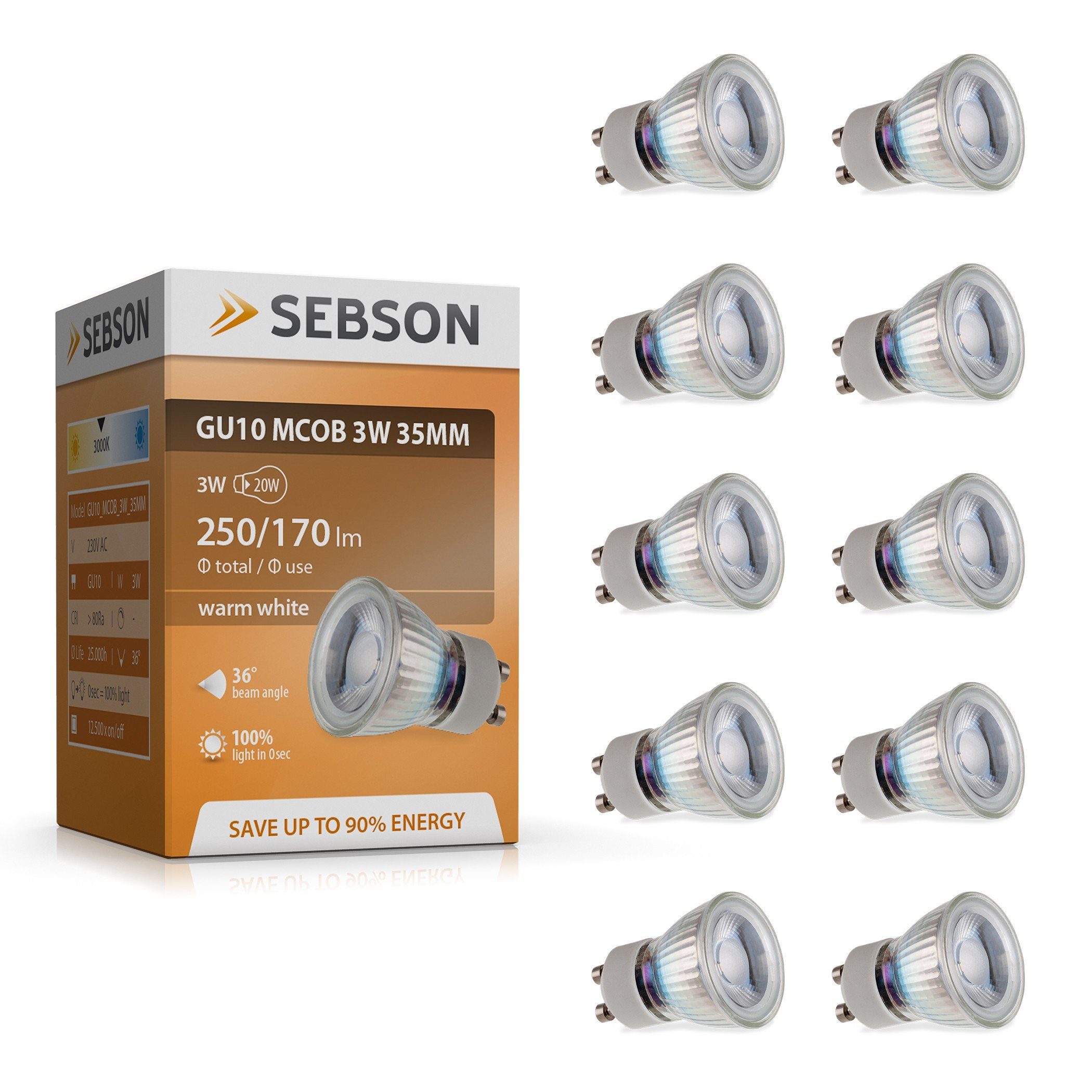 LED Pack 35mm - Lampe LED-Leuchtmittel 230V Spot GU10 10er warmweiß 3W 46° SEBSON 250lm
