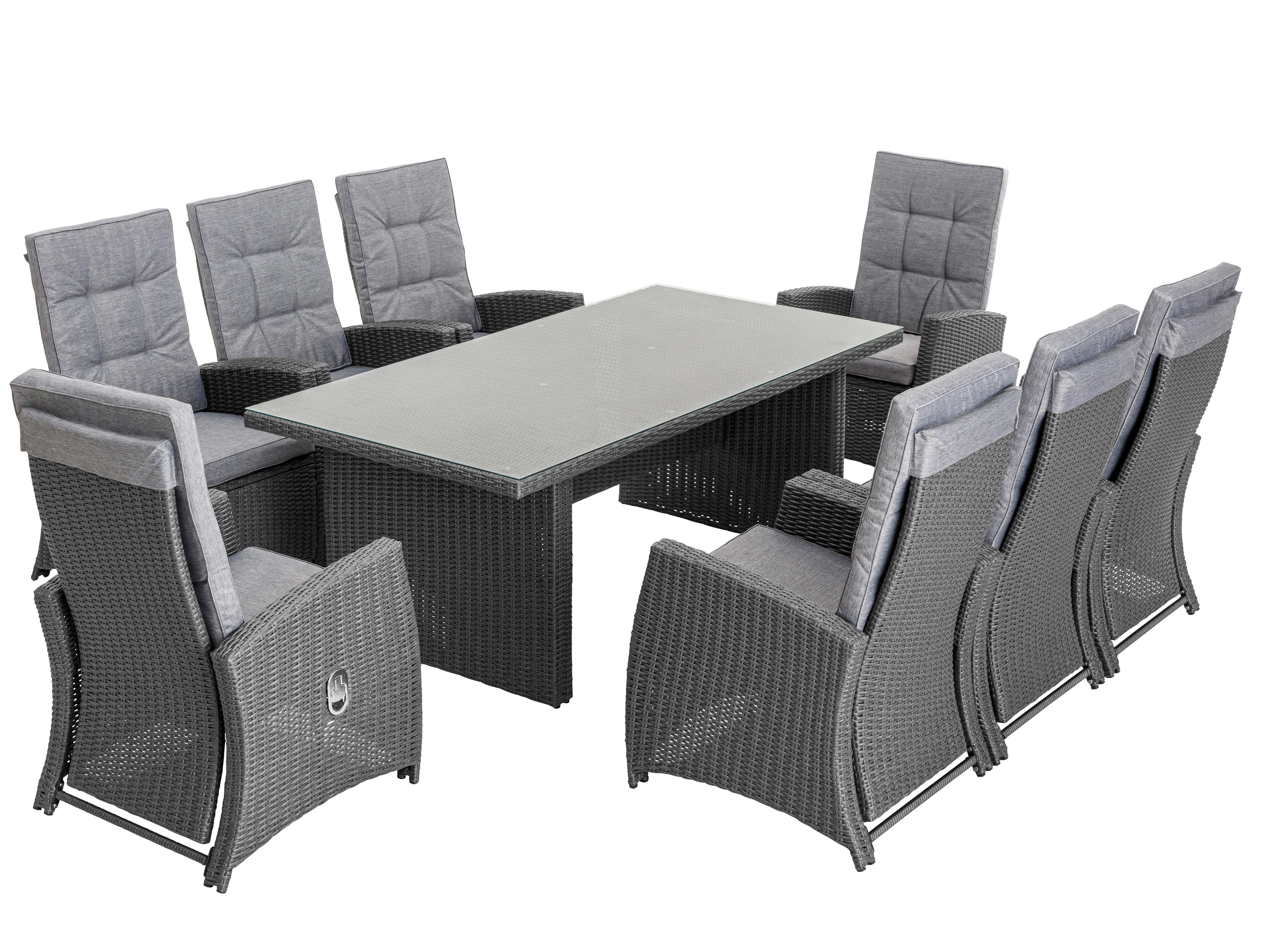 KONIFERA Garten-Essgruppe »New Paris«, (Set, 25-tlg., 8 Sessel, Rückenlehne verstellbar, Tisch 100x200x75 cm, inkl. Auflagen), Aluminium/Polyrattan
