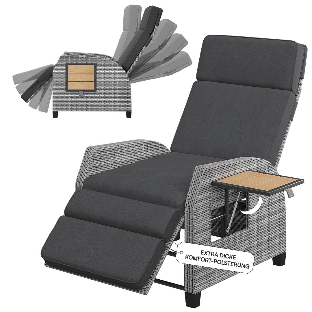 STEELSØN Gartensessel Caelum Gartensessel mit Liegefunktion, mit Ausklapptisch (Grau/Akazie), Rattan Liegesessel, ausklappbarer Tisch