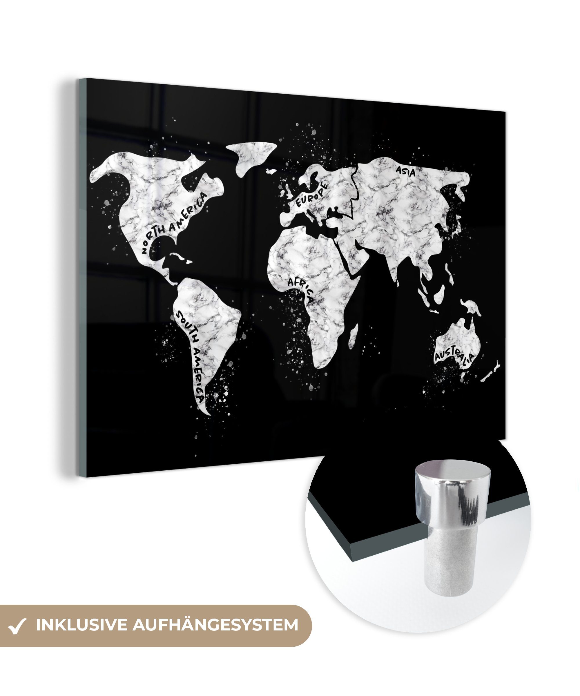 (1 St), MuchoWow - Marmor Acrylglasbild Wohnzimmer Weiß, - Schwarz Acrylglasbilder Schlafzimmer & Karte -