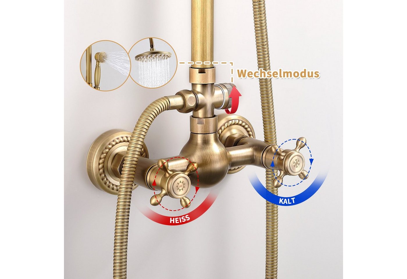 Thumbnail - HOMELODY Duschsystem gold Retro Messing Duscharmatur Set Antik Gold Dusche mit Regendusche, 2 Strahlart(en), Thermostati...