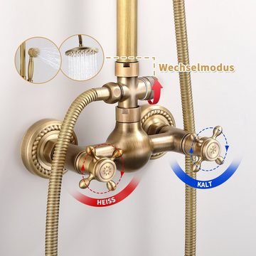 HOMELODY Duschsystem Retro Messing Duscharmatur Set Antik Gold Dusche mit Regendusche, 2 Strahlart(en), Thermostatische Dusche, Duschset mit 8" Regendusche Handbrause Kopf - Höhenverstellbar