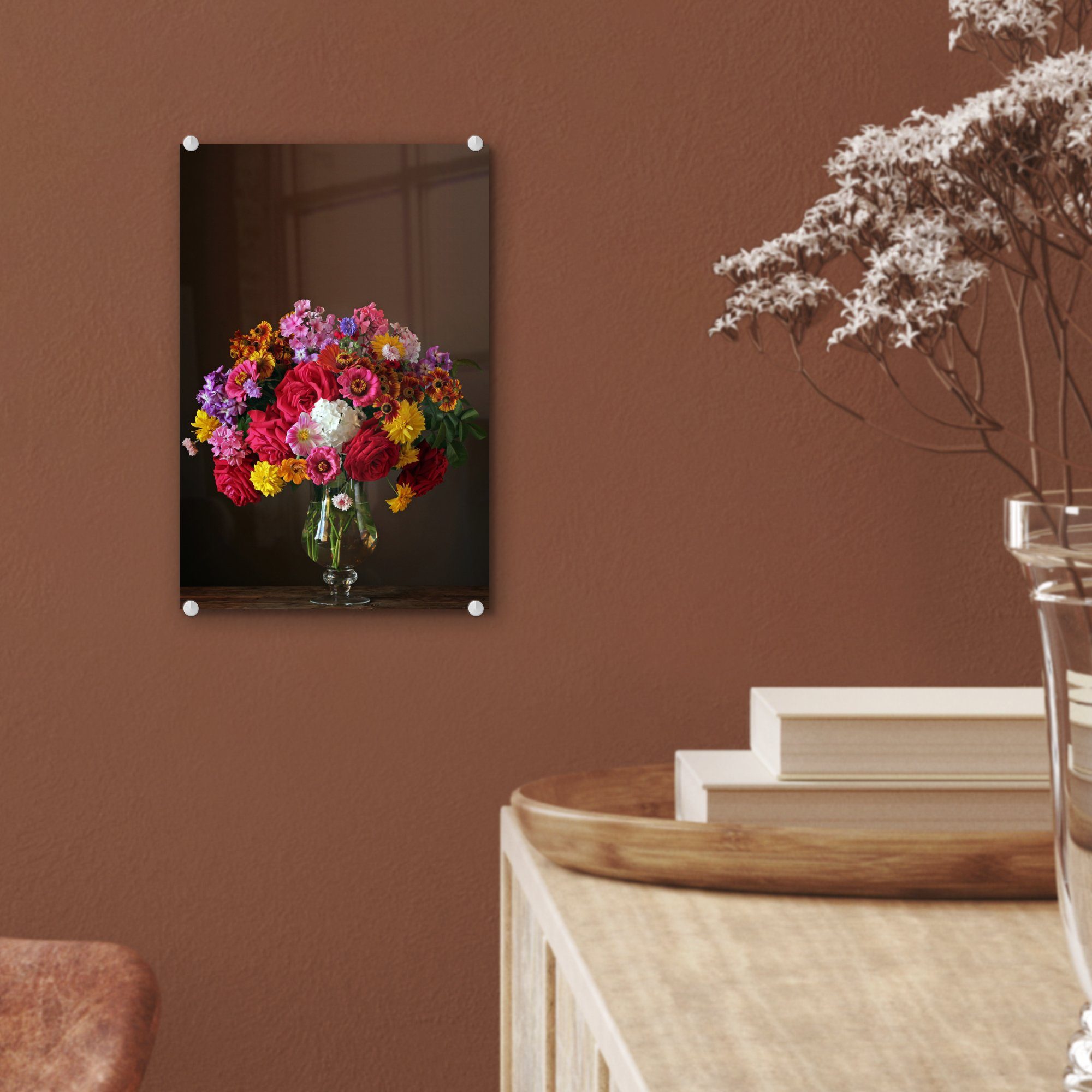auf Glas MuchoWow Farben, auf Bilder - St), Stilleben - - Acrylglasbild Glasbilder Foto Wanddekoration - Vase Wandbild (1 Glas -