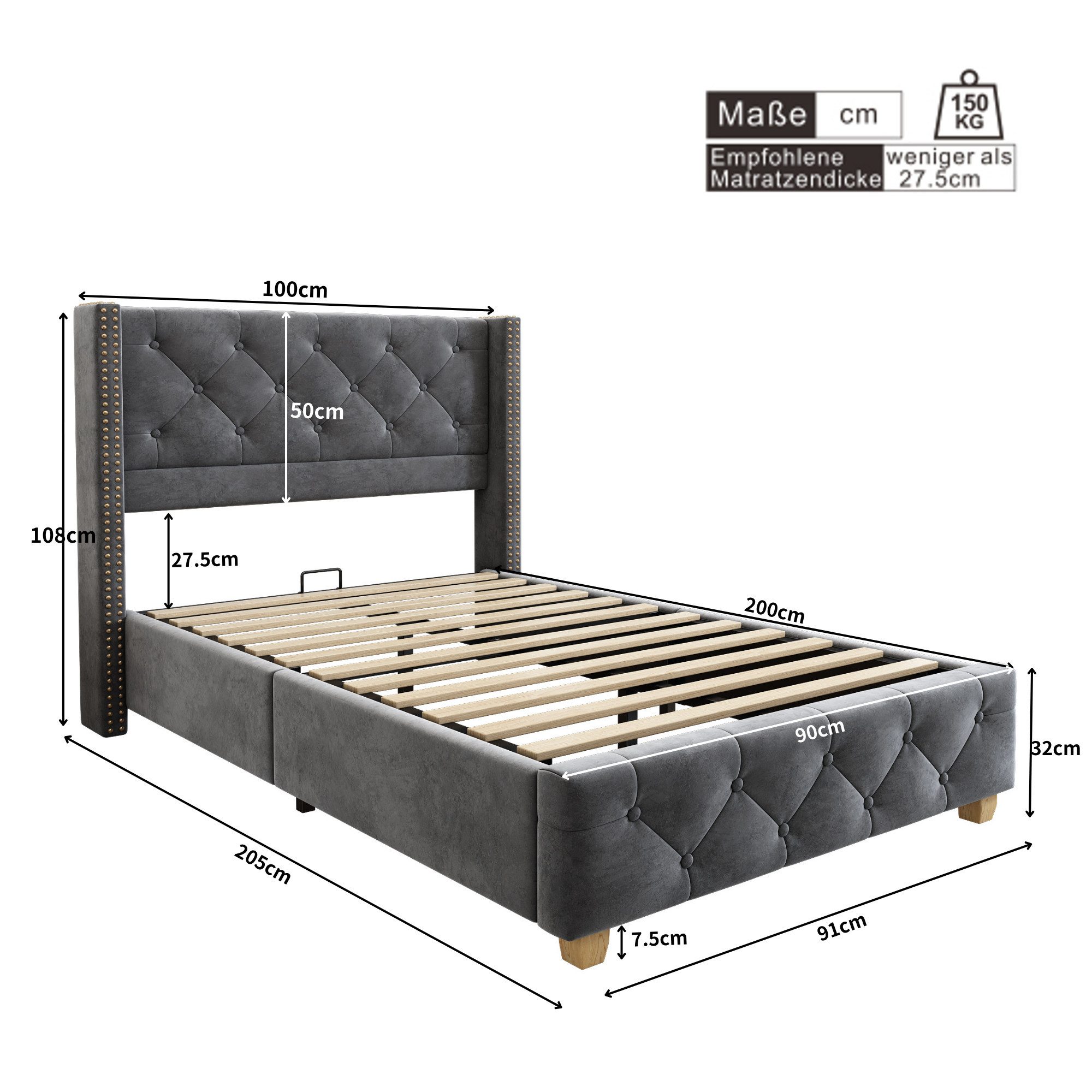 Celya Polsterbett 90 × 200cm mit Lattenrost und Kopfteil (ohne Matratze, Knopfpolsterung, Nietenpolsterung, Holzbeine, Leinen)