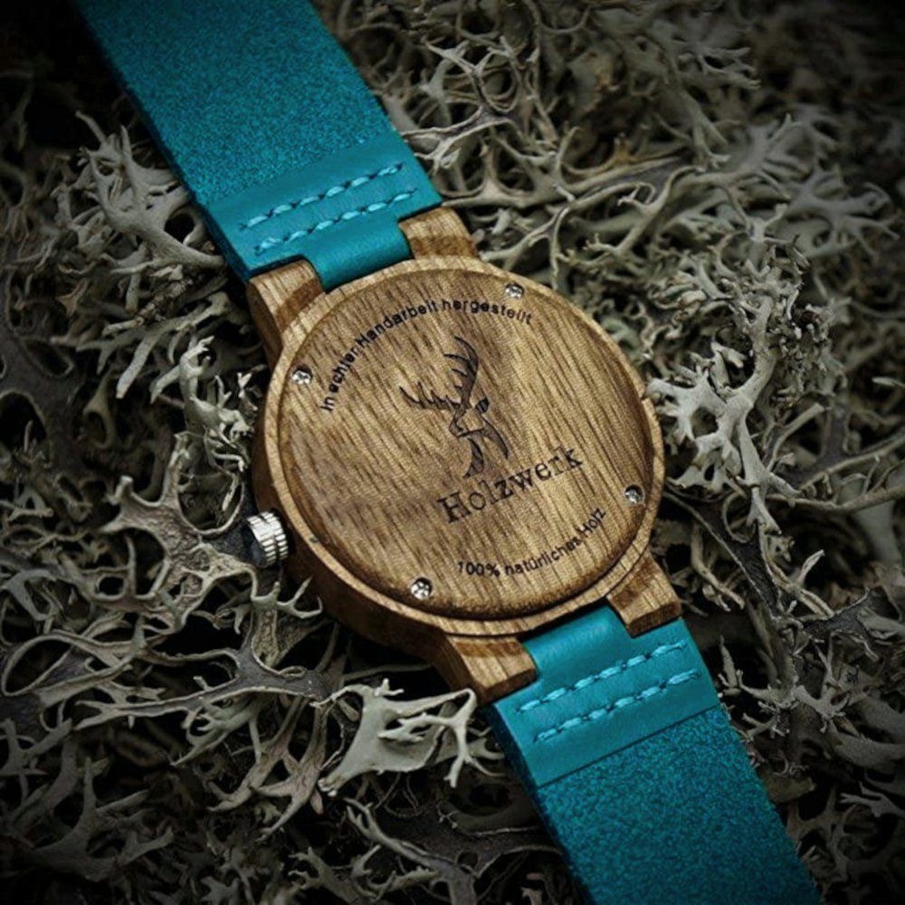 Holzwerk Quarzuhr LIL KAHLA kleine braun Leder Damen blau Armband & Holz in türkis & Uhr