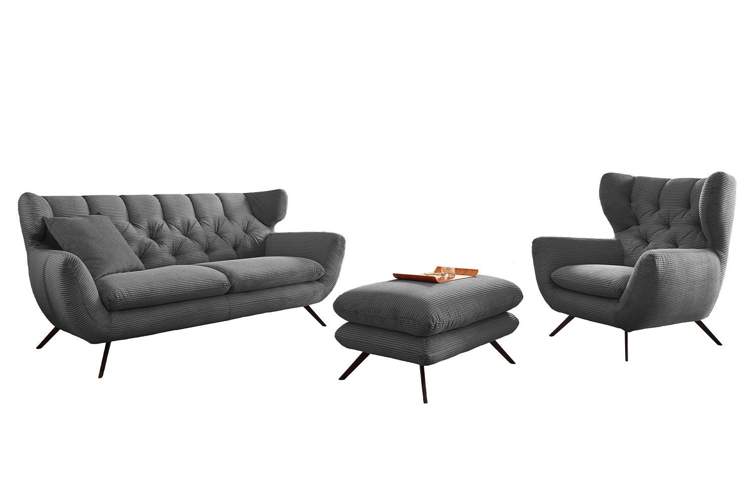 Hockerbank Sessel Sitzgruppe versch. Cord KAWOLA 3-tlg), Farben grau (Set, Sofa CHARME,