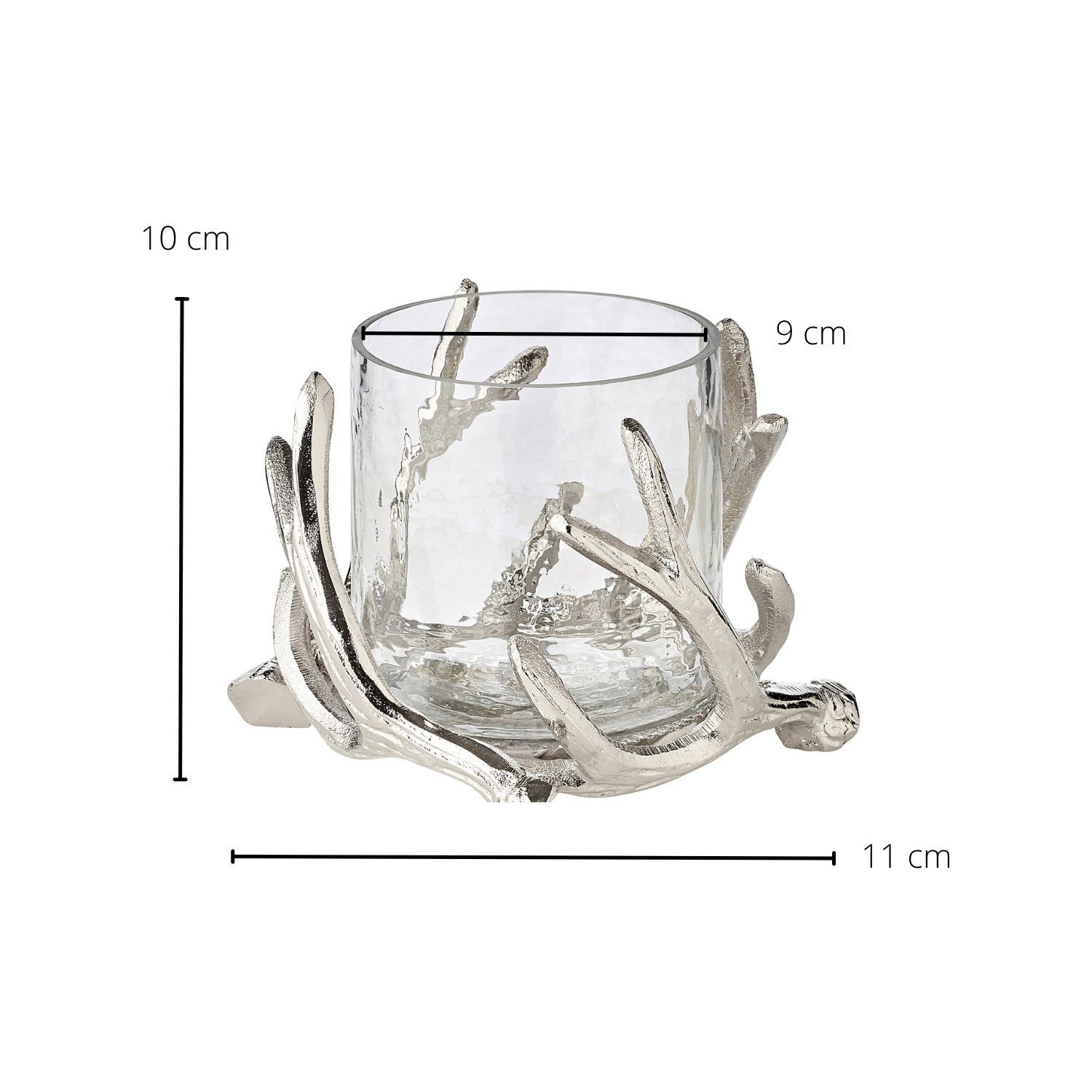 EDZARD Windlicht Kingston, Silber-Optik, Geweih-Motiv, H 10 cm, Ø 11 cm
