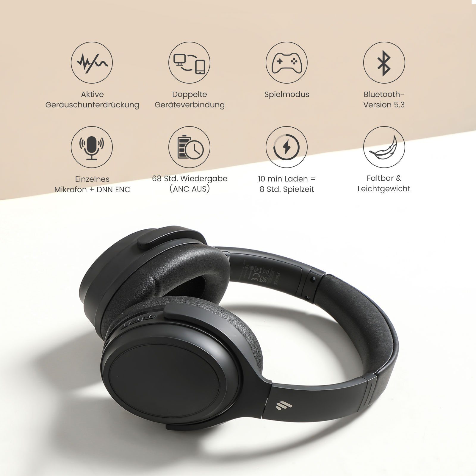 (Aktiver Schwarz Doppelgeräte-Verbindung) Geräuschunterdrückung, Edifier® Bluetooth WH700NB 5.3, aktive Over-Ear-Kopfhörer Geräuschunterdrückung Kabellose