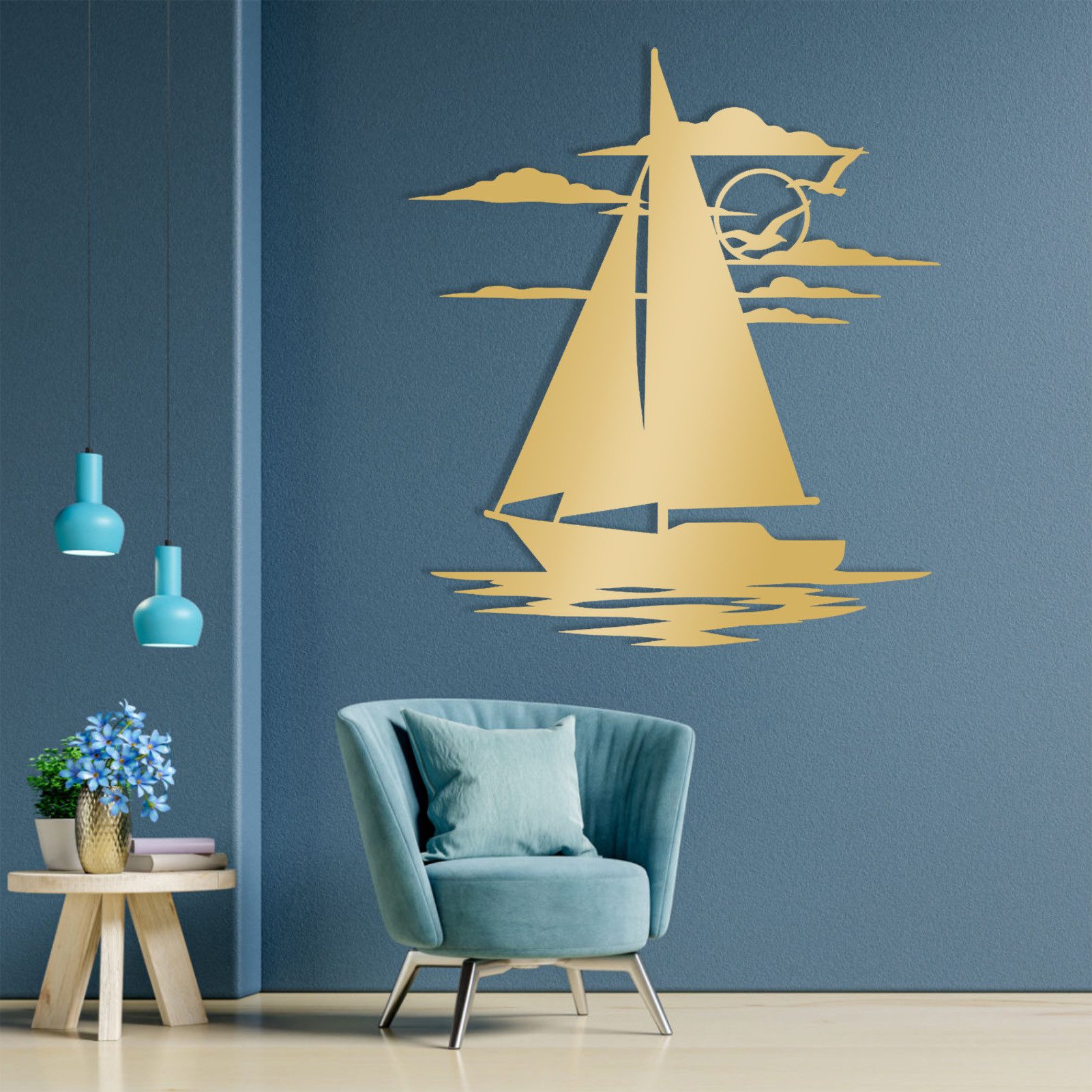 Jumpeak Wanddekoobjekt Segelschiff Wanddeko,Maritime Sonnenuntergang,Möwen und Wolken,Linien, Metall,4 Farben,2 Maße,Nautische Eisen,Geschenkidee,Küstenstil Deko