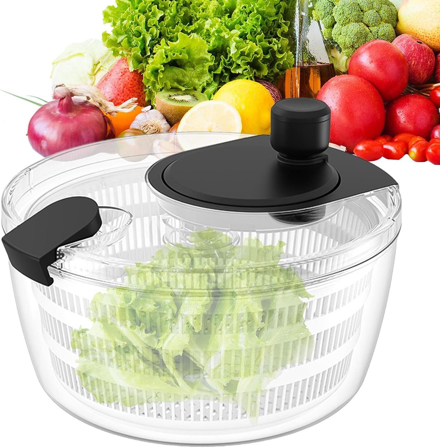 BlingBin Salatschleuder 4.5l Obstwaschschüssel, Wassersieb-Spinner, Manuelle Gemüsesieb, (1 Stück, 1-tlg., 24,5 × 12,2 × 17 cm), mit Schüssel und Deckel, Obsttrockner, Geteiltes Design, BPA-frei