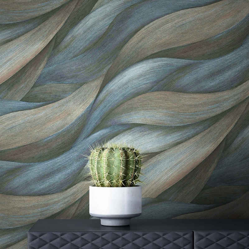 Newroom Vliestapete, Blau Tapete Modern Blätter - Mustertapete Braun Abstrakt Wellen Muster für Wohnzimmer Schlafzimmer Küche