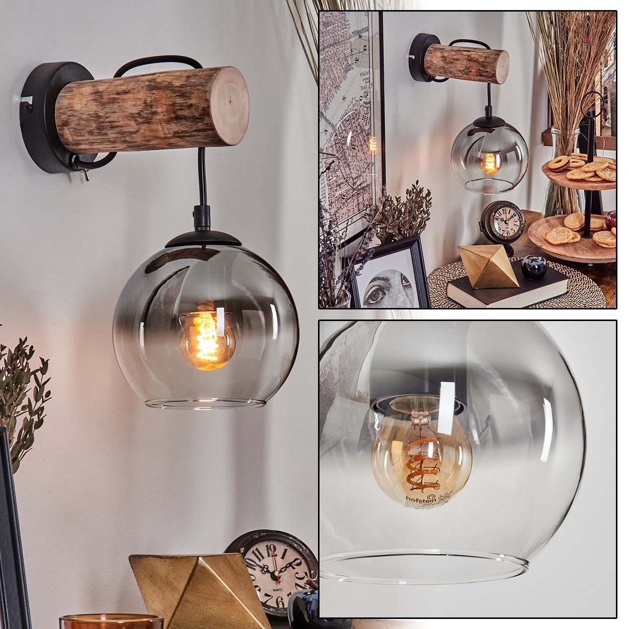 hofstein Wandleuchte Wandlampe aus Metall/Holz/Glas in Schwarz/Natur/Rauch/Klar, ohne Leuchtmittel, Leuchte mit Glasschirmen (15cm) u. Schalter, 1xE27, ohne Leuchtmittel