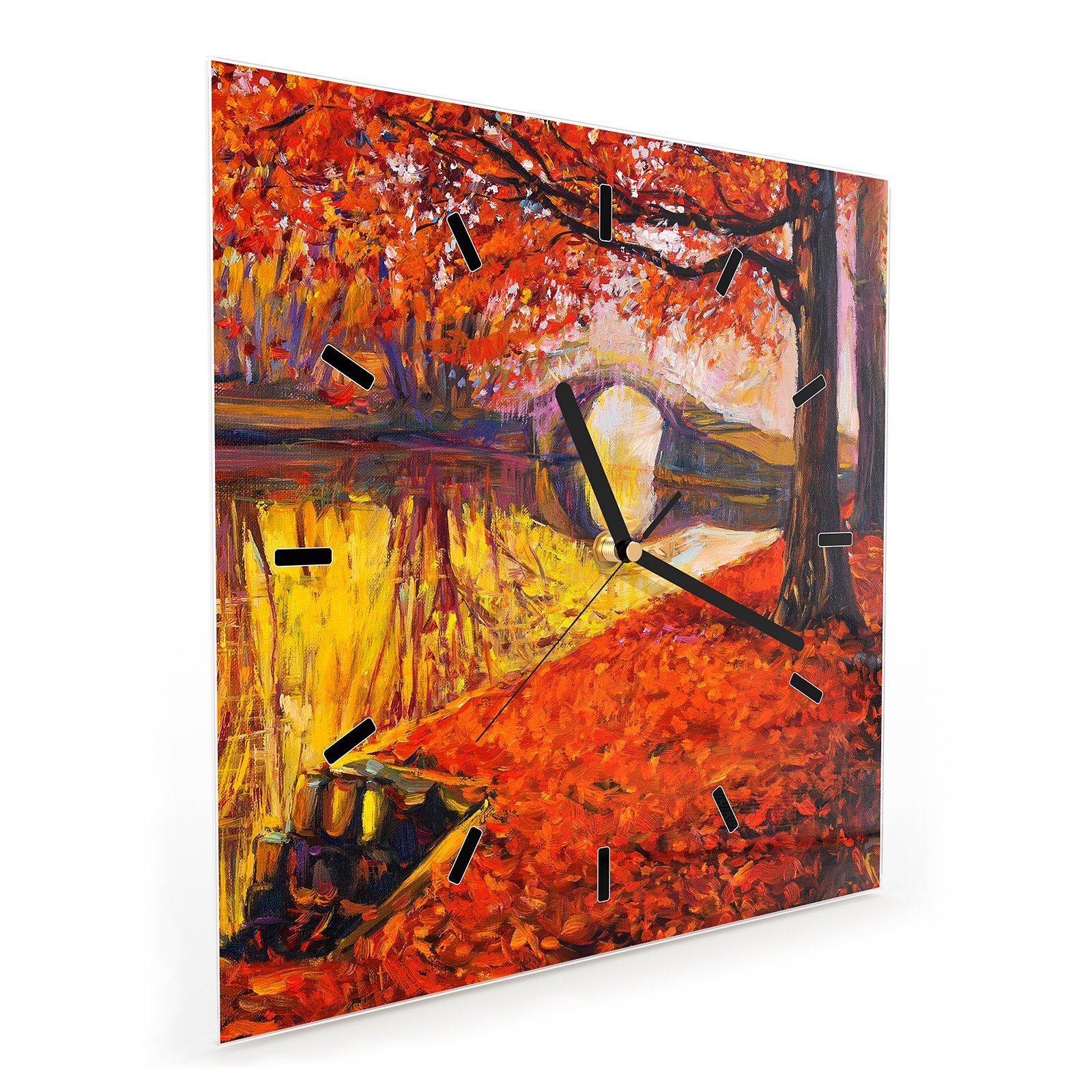 Wanduhr x Größe Park Primedeco 30 30 Motiv im mit Herbst Wandkunst cm Wanduhr Glasuhr
