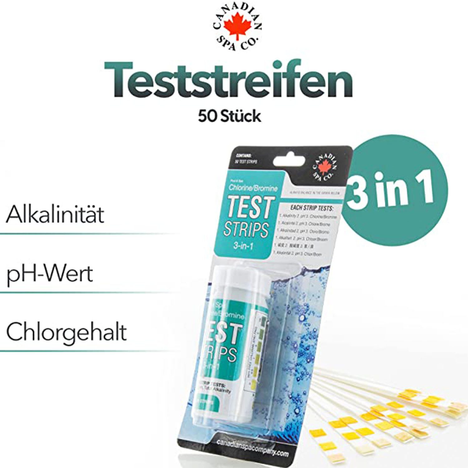 Canadian Spa GmbH Wasserteststreifen Whirlpool Test Strips, 50-St., 3 IN 1: Chlorgehalt, pH-Wert, Alkalinität