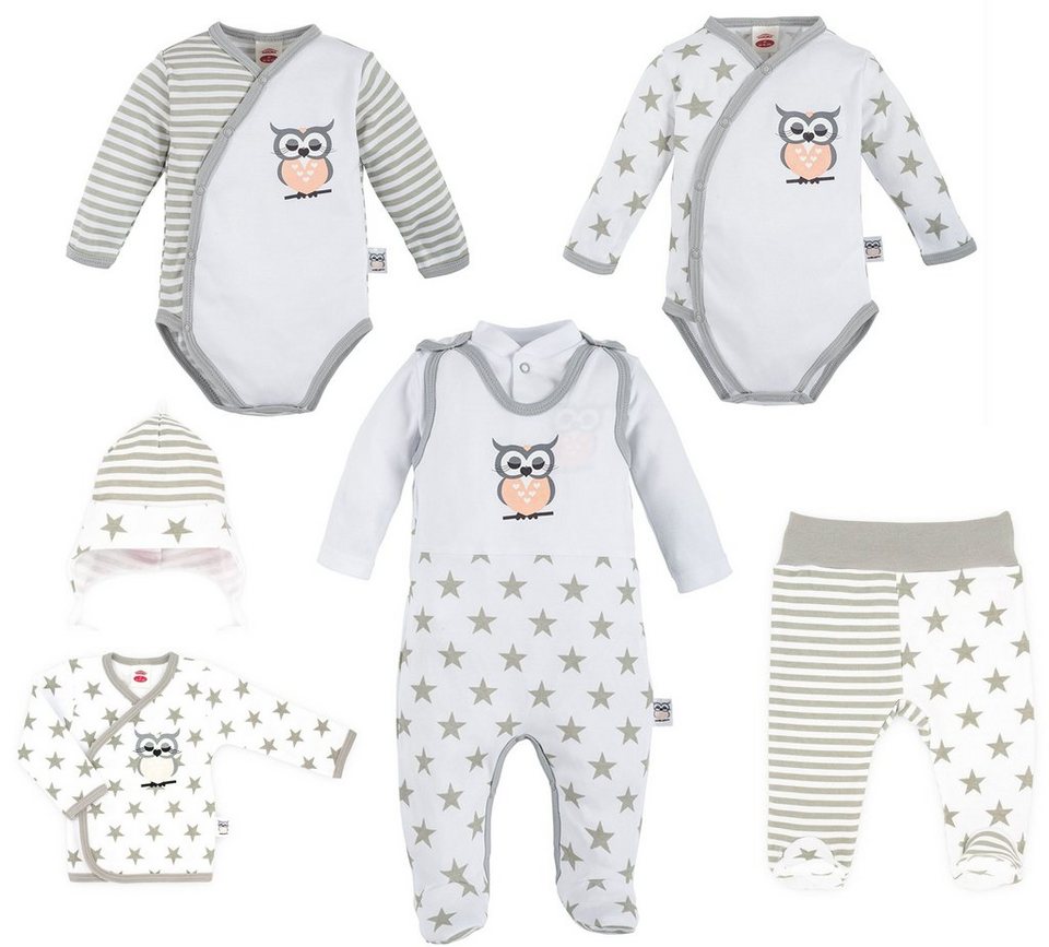 Makoma Erstausstattungspaket Baby Mädchen Eule (Set, 7-tlg., Strampler,  Hose mit Fuß, Body, Wickelbody, Mütze) 100% Baumwolle