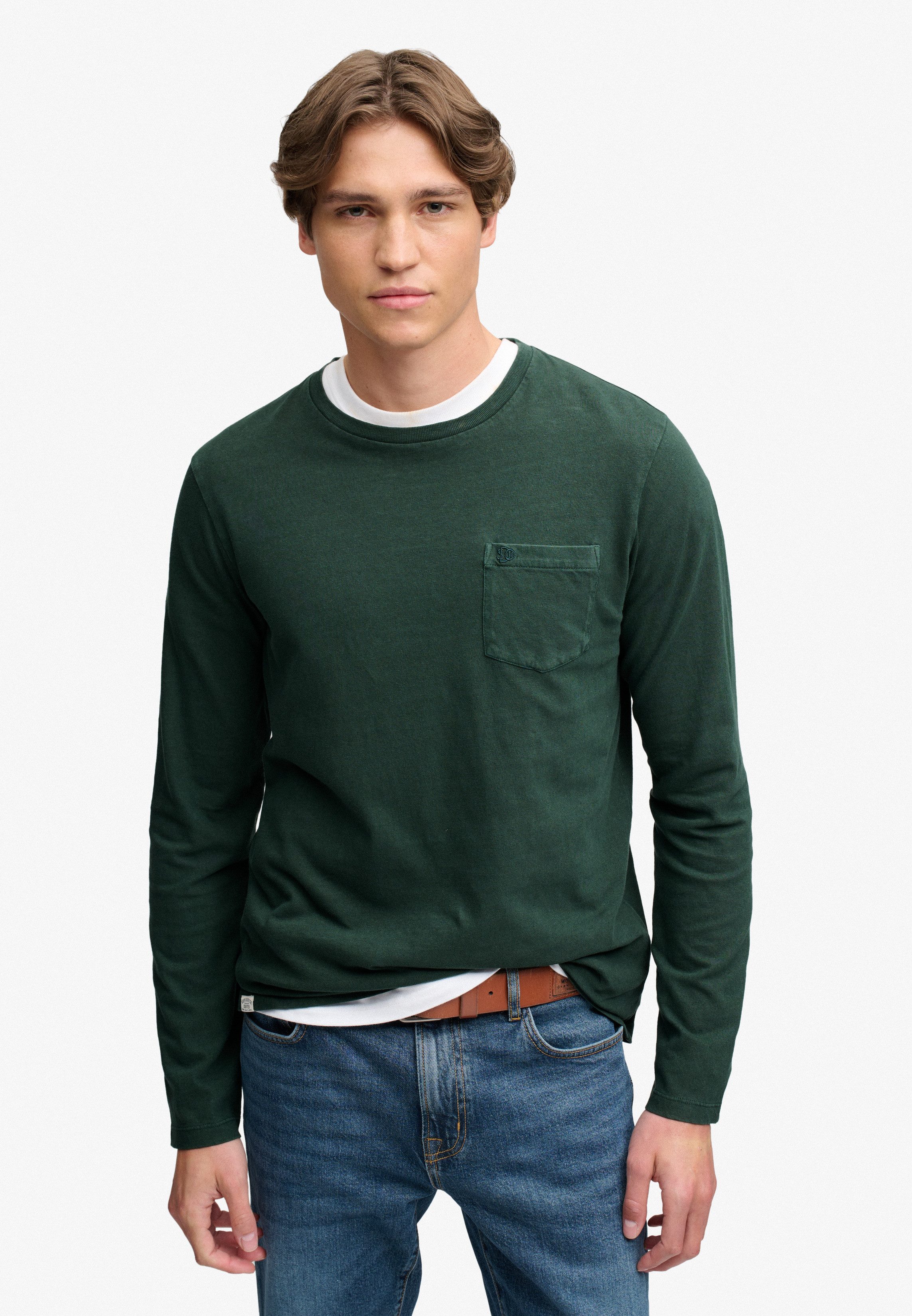 Superdry Langarmshirt COTTON LINEN L/S POCKET TOP aus Baumwolle und Leinen, Relaxed Fit, mit Rundhalsausschnitt