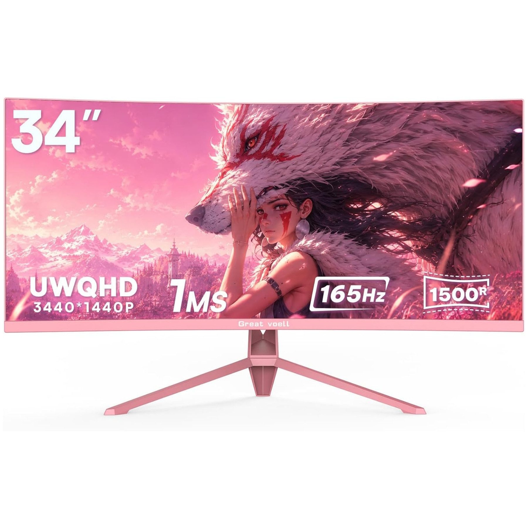 Great Voell 34-Zoll-Rosa-Gaming-Monitor, 4K, 165 Hz, PIP/PBP, 1500R, HDR10 Curved-Gaming-Monitor (86,36 cm/34 ", 3440 x 1440 px, UWQHD, 1 ms Reaktionszeit, 165 Hz, VA LED, HDR, Ultraweit gebogener Gaming & Home Office Monitor, 127% sRGB)