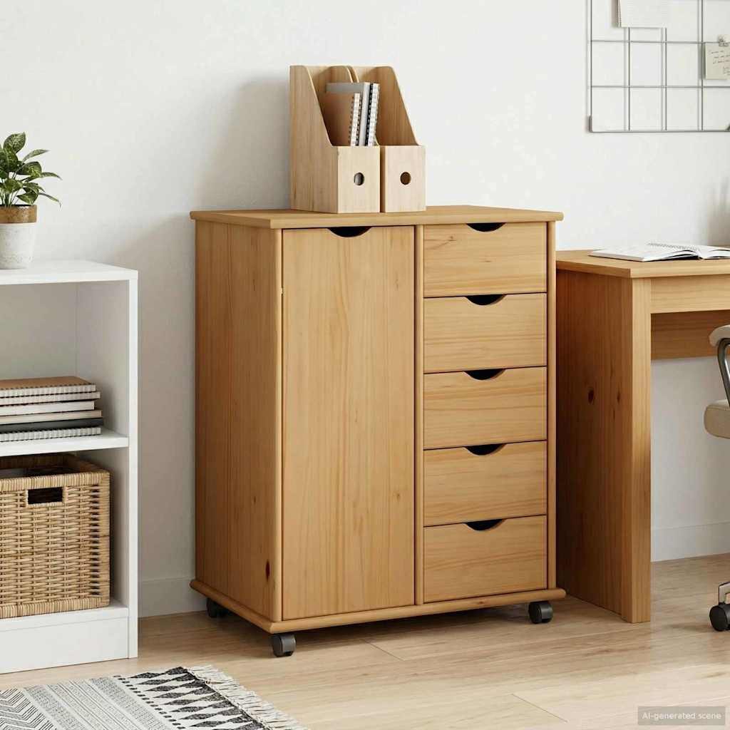vidaXL Rollcontainer Rollschrank 63,5 x 39 x 79 cm Massivholz Kiefer Honigbraun, (1 St)