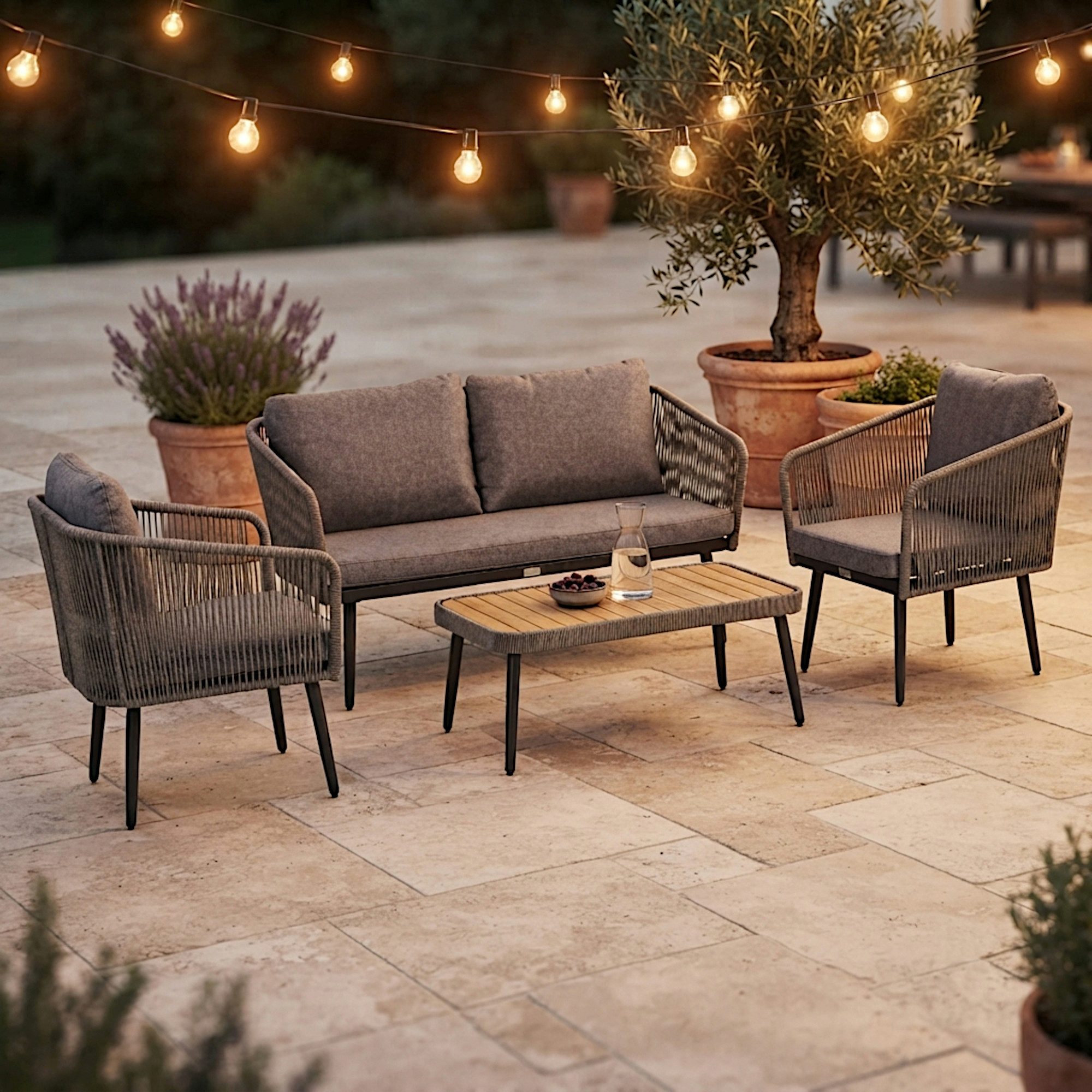 ESTEXO Sitzgruppe Gartenmöbel Set Rope Essgruppe Outdoor Gartenbank Gartentisch Grau