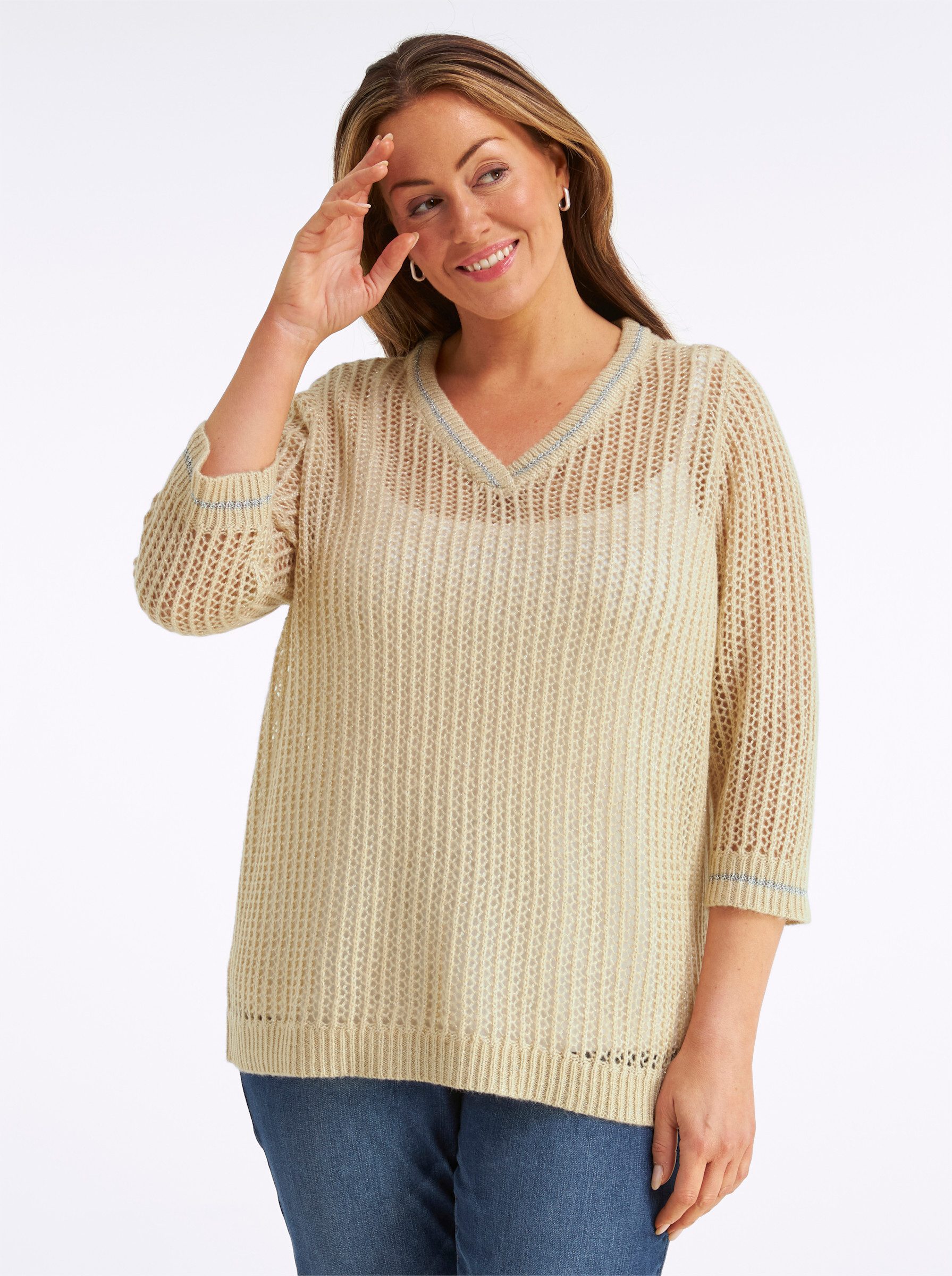 Sheego Strickpullover Ajour-Pullover 3/4-Arm
