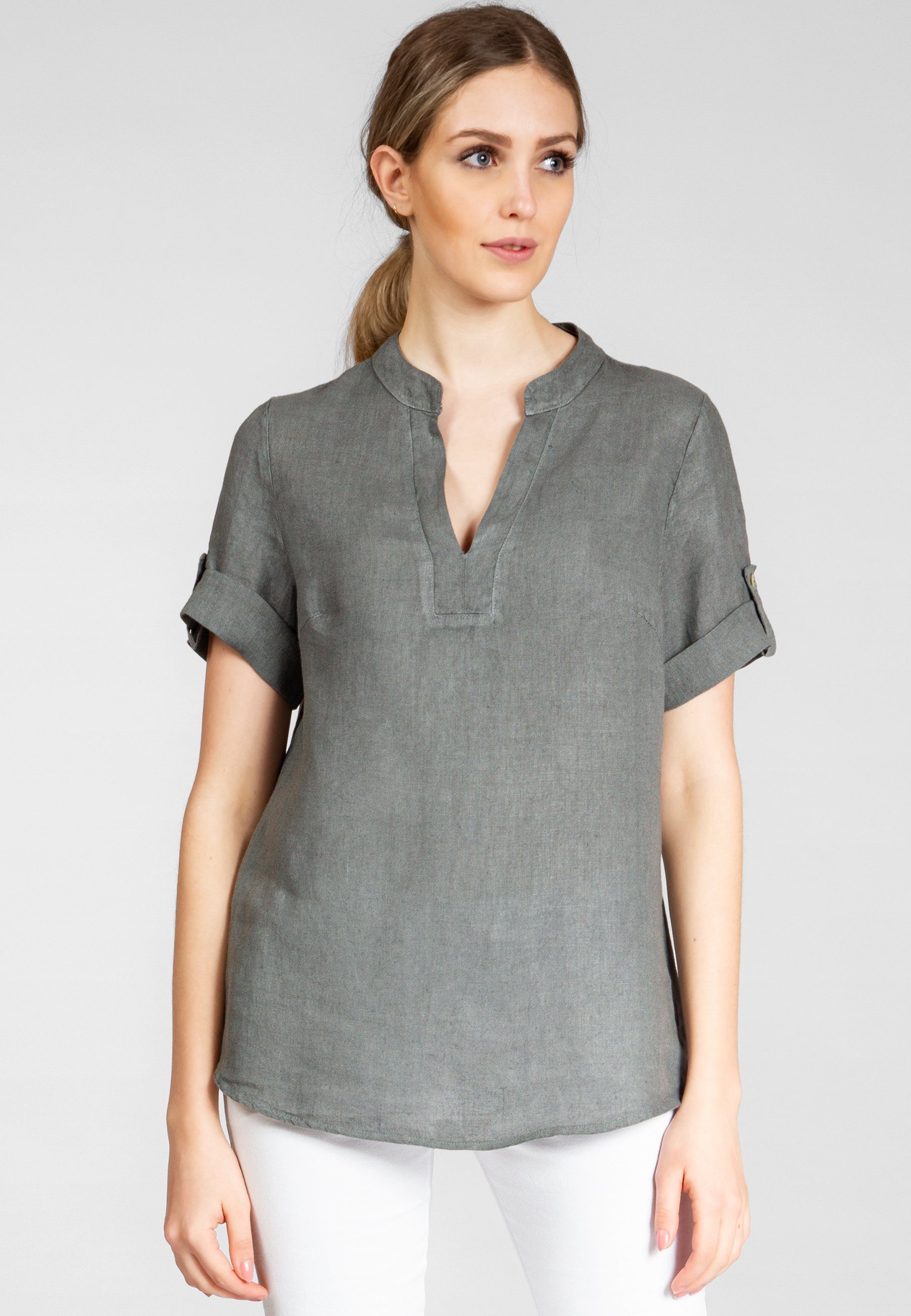 Shirtbluse BLU024 elegante Damen Halbarm Sommer Leinenbluse