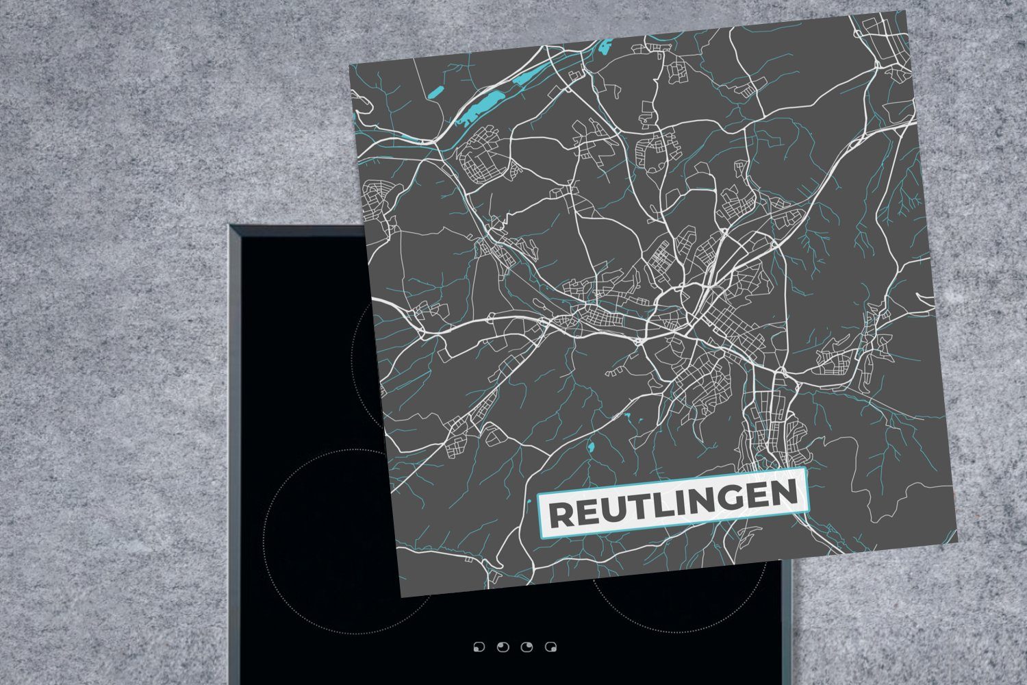 Vinyl, - 78x78 Stadtplan Deutschland, Karte MuchoWow - cm, küche Reutlingen Ceranfeldabdeckung, für - Arbeitsplatte (1 Blau - tlg), Herdblende-/Abdeckplatte